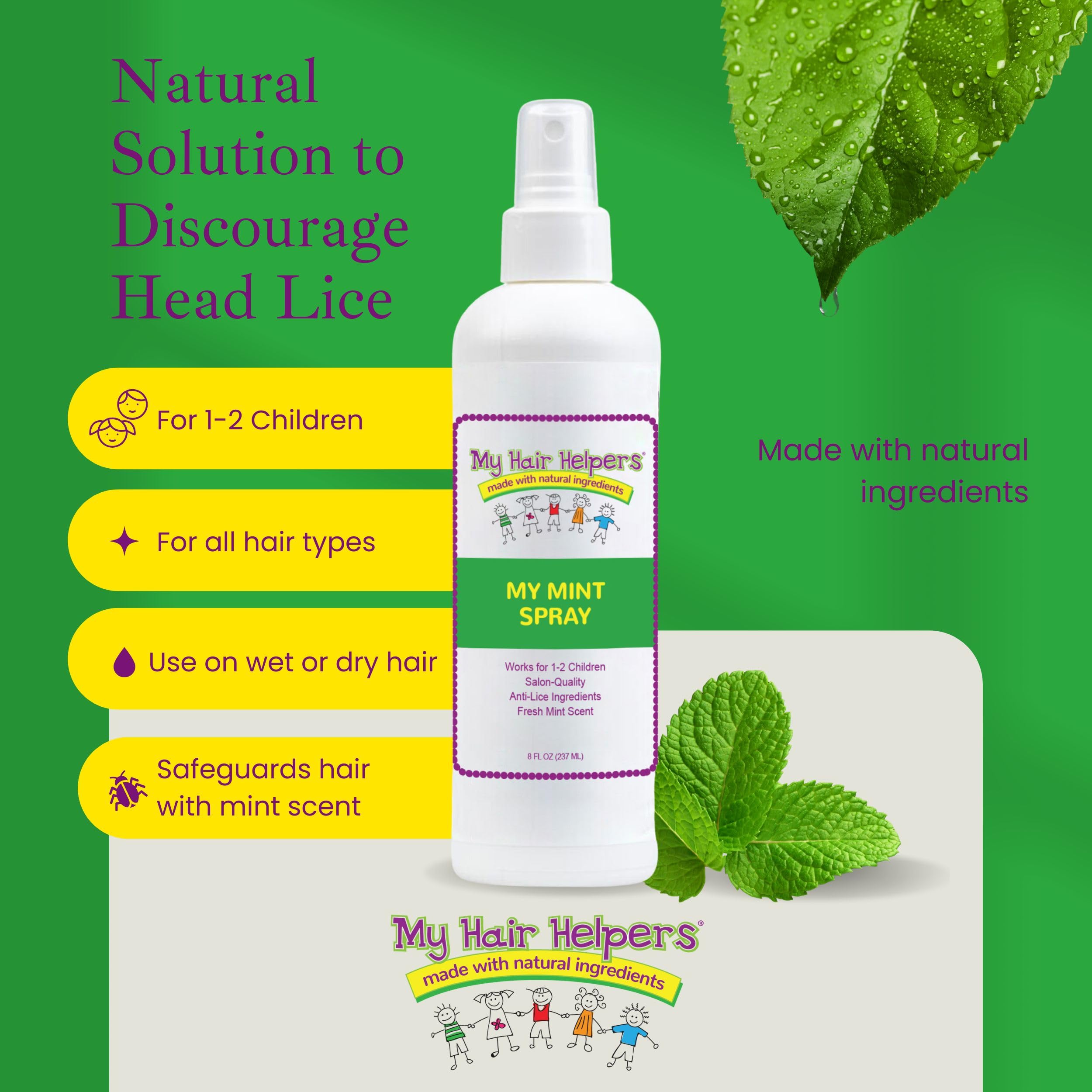My Hair Helpers Anti-Lice Mint Spray for Head Lice Defense - Naturally Formulated with Essential Oils, 8 fl Ounces, Works on 1-2