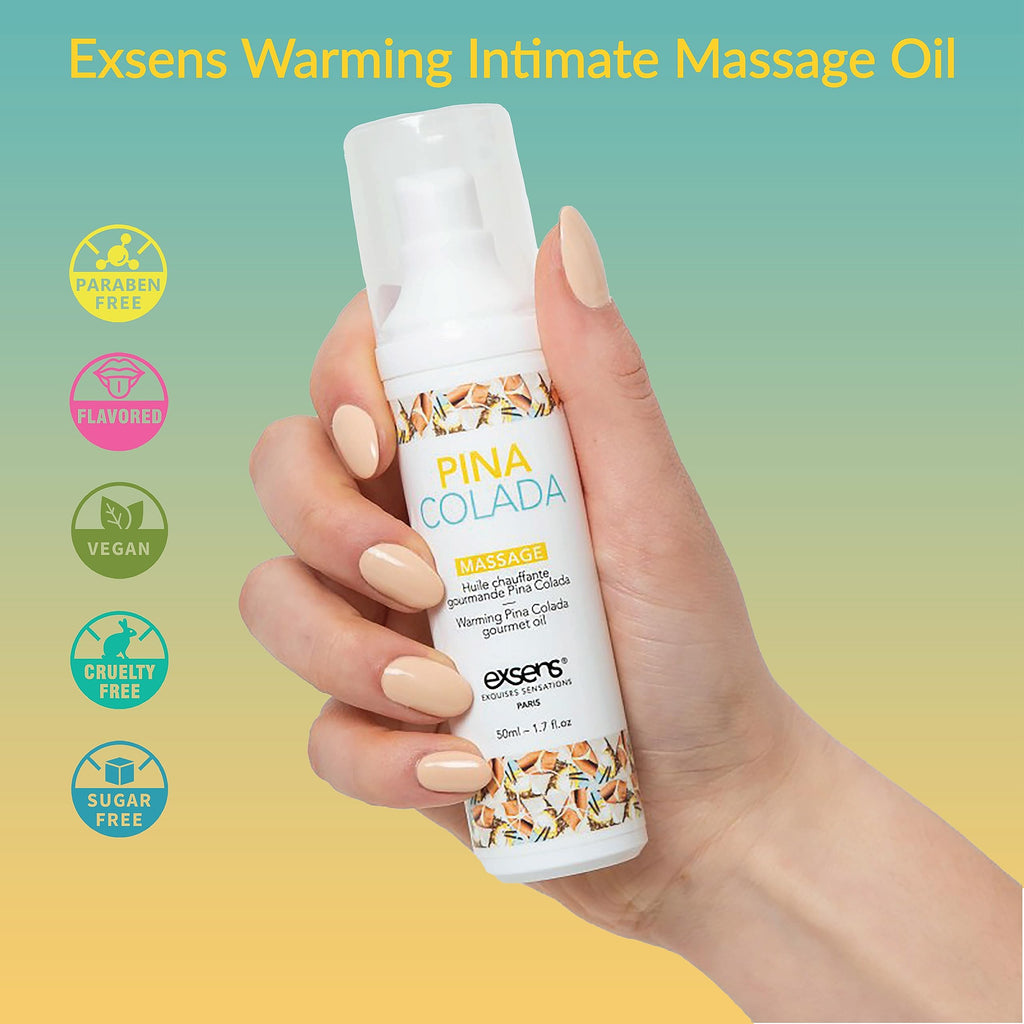 Exsens Pina Colada Warming Massage Oil, All Natural, Paraben-Free Formula for Men, Women, and Couples, Edible and Body Safe, 1.7