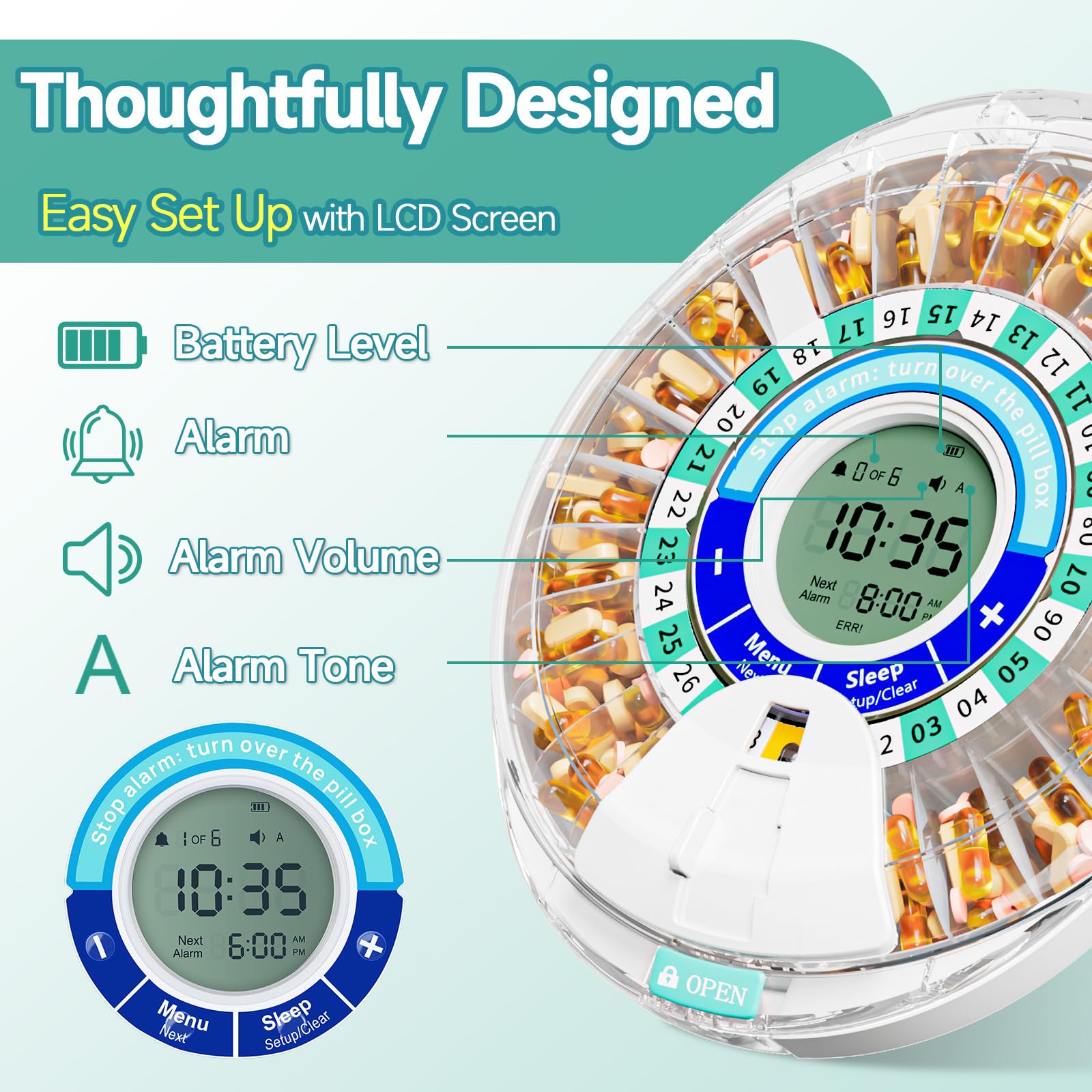 Windtrace Automatic Pill Dispenser for Elderly, Electronic Monthly Pill Organizer with Alarm & Light, 28 Day Smart Lock Medicati