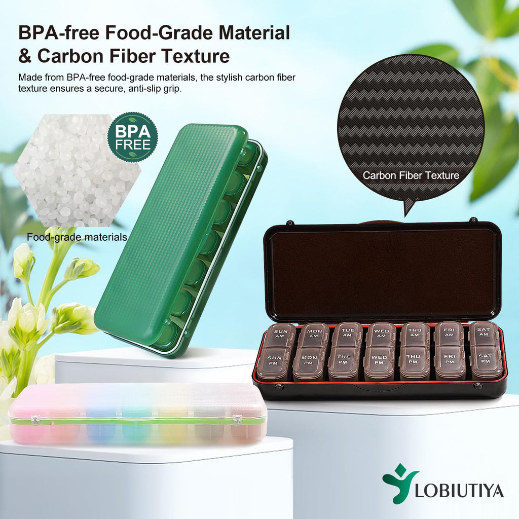 LOBIUTIYA Weekly Pill Organizer 2 Times a Day + 2 Detachable Organizers Kit - AM PM Travel for Vitamin Medicine Supplement Fish
