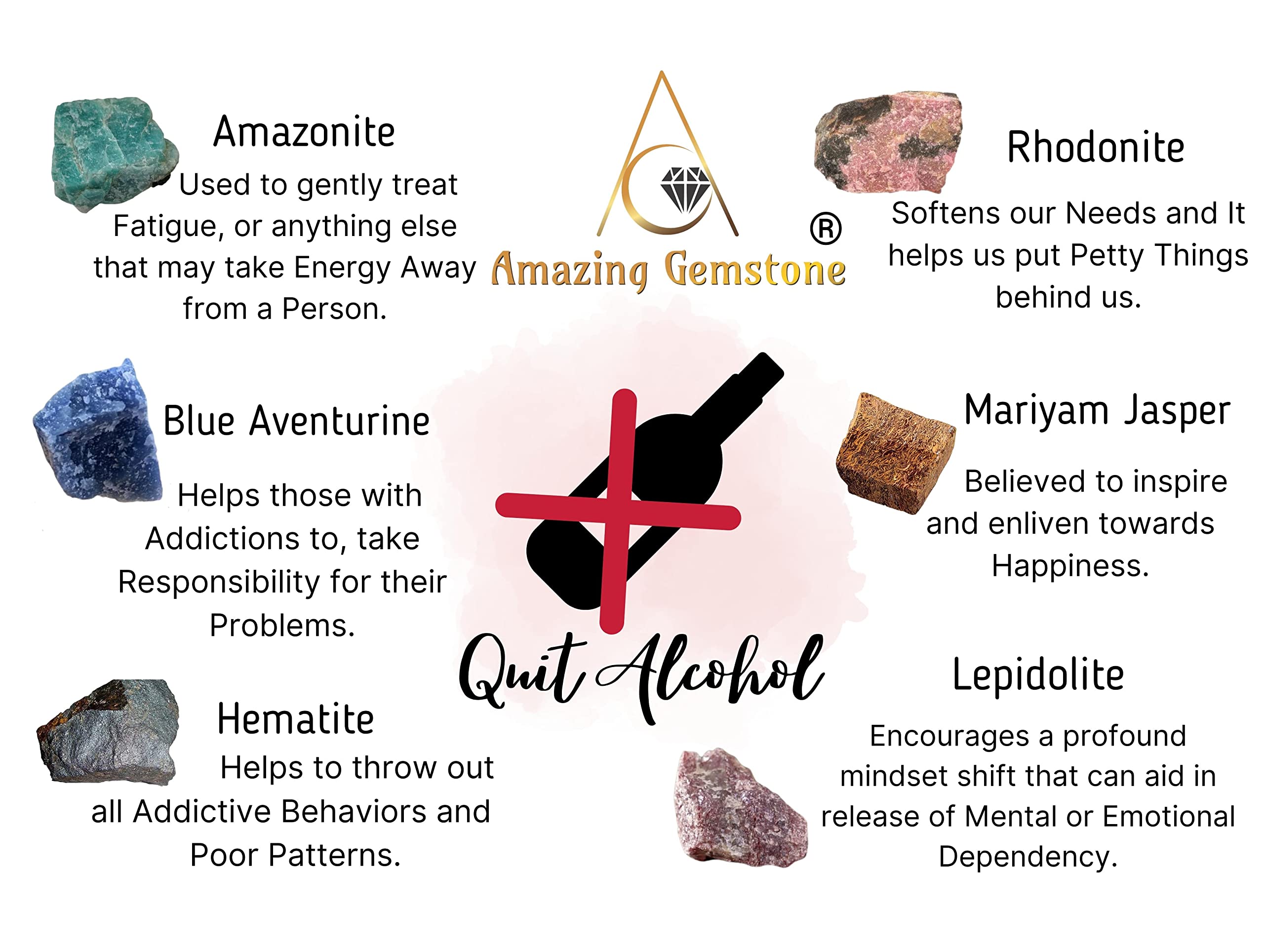 Crystals for Quit Alcohol Manifestation, Set of 6 Amazonite, Blue Aventurine, Hematite, Rhodonite, Mariyam Jasper and Lepidolite