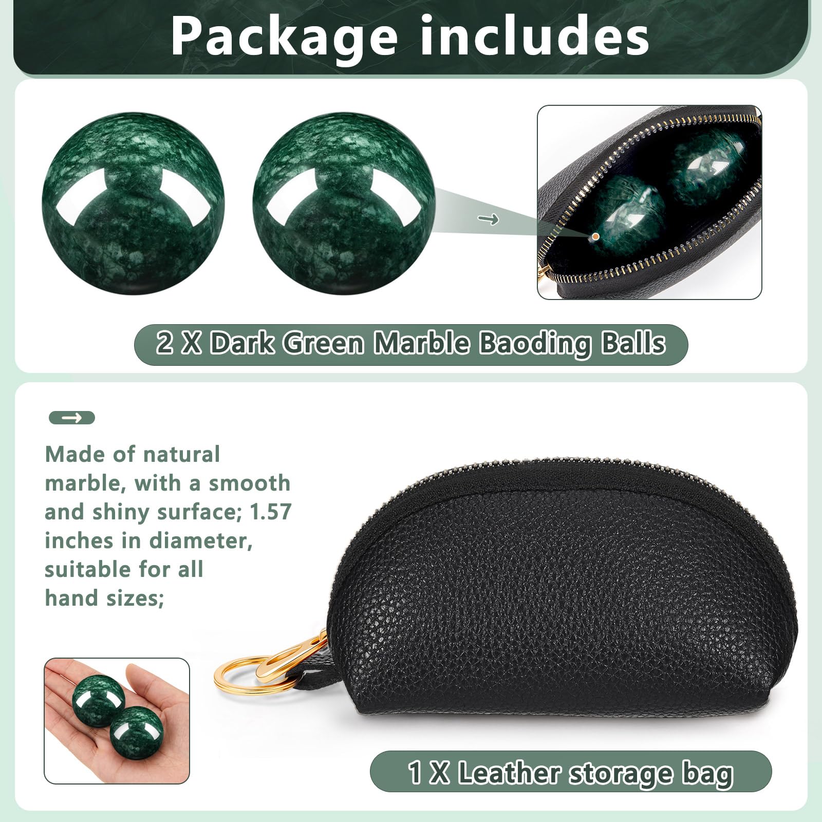 AceOrbit Baoding Balls Set of 2, Chinese Stress Relief Hand Exercise Balls with Leather Pouch, 1.57 Inch Dark Green Marble, Fing