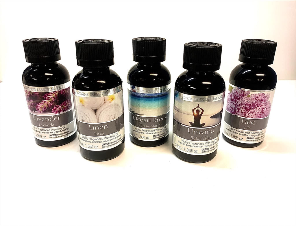 Hosley Set of 5 Assorted Fragrance Warming Oils 55ml Each-Lavender, Linen, Ocean Breeze, Unwind, Lilac. Ideal for spa Meditation