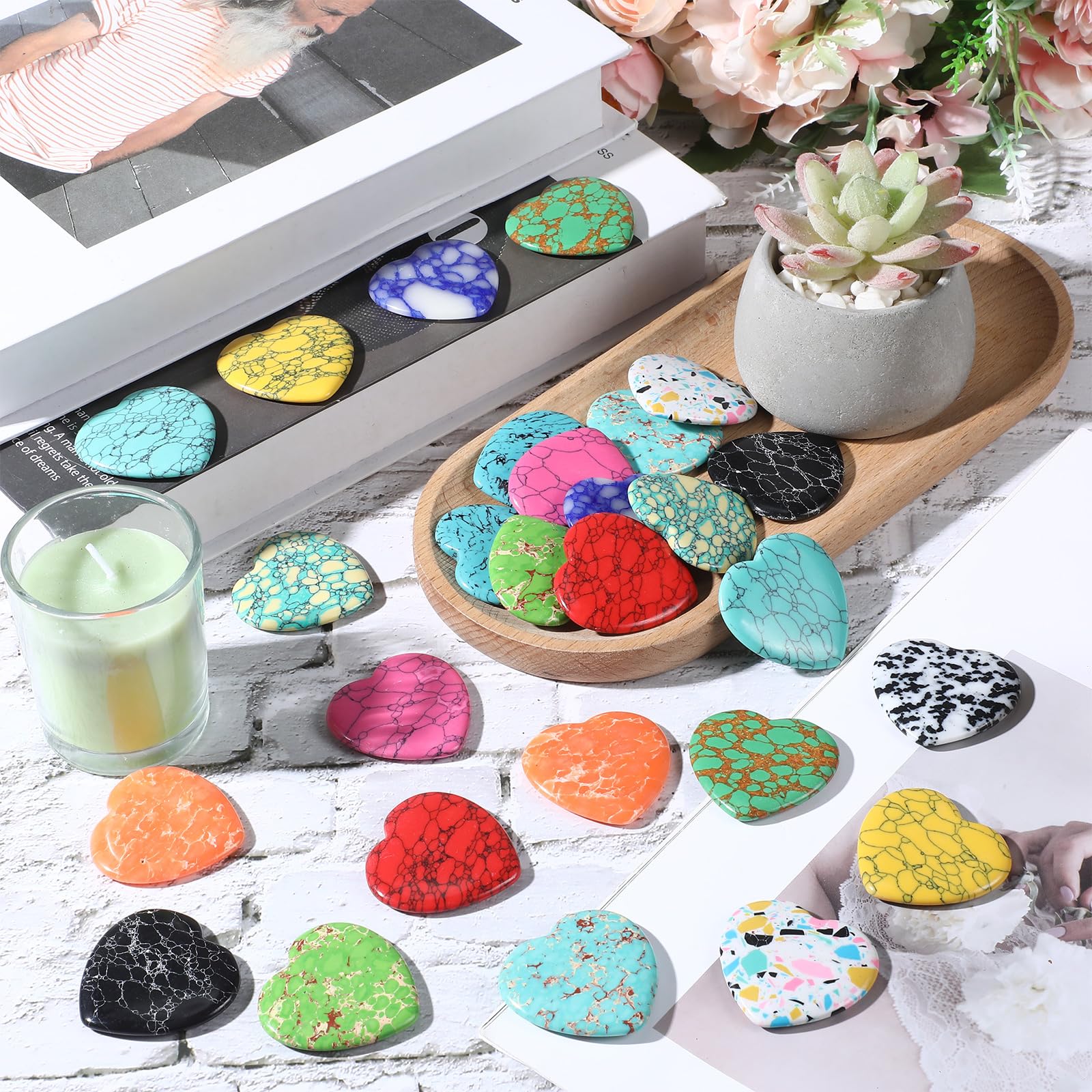 Nuenen 40 Pcs 1.4 Inch Heart Stone Bulk Valentines Gifts Heart Shaped Rock Worry Stone Tiny Trinkets Healing Crystal Gemstone Lo