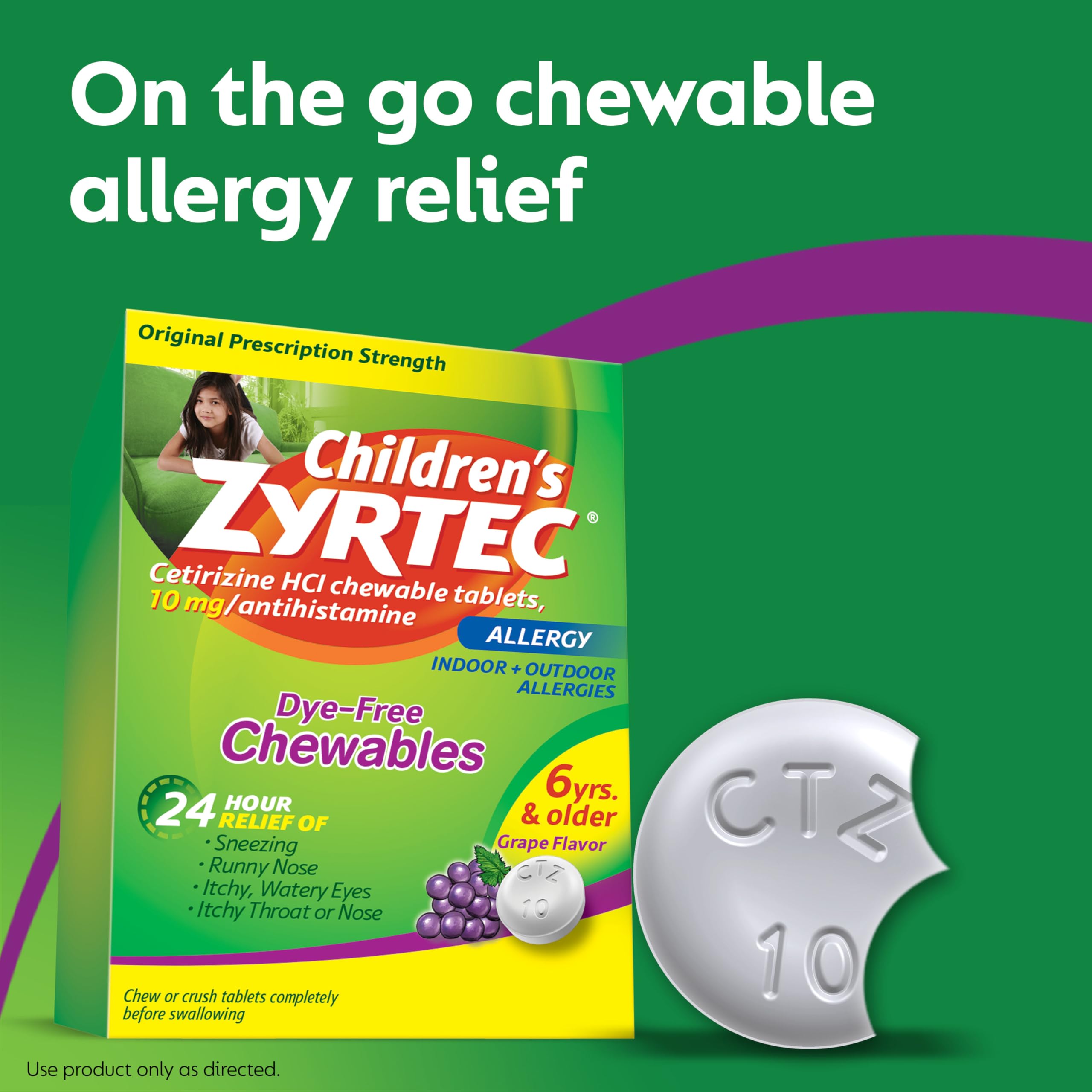 Zyrtec Childrens Dye-Free Chewables for 24 Hour Allergy Relief, 10 mg Cetirizine HCl Antihistamine Tablets, Kids Allergy Medici
