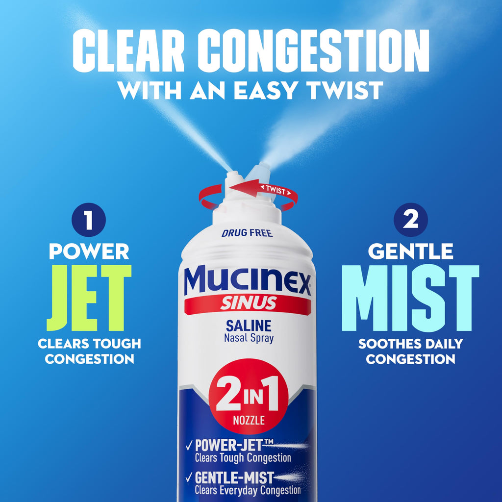 Mucinex Sinus Saline Nasal Spray & Sinus Rinse, Drug-Free, Additive Free, Non-Drowsy Nasal Irrigation with 2-in-1 Jet + Mist Spr