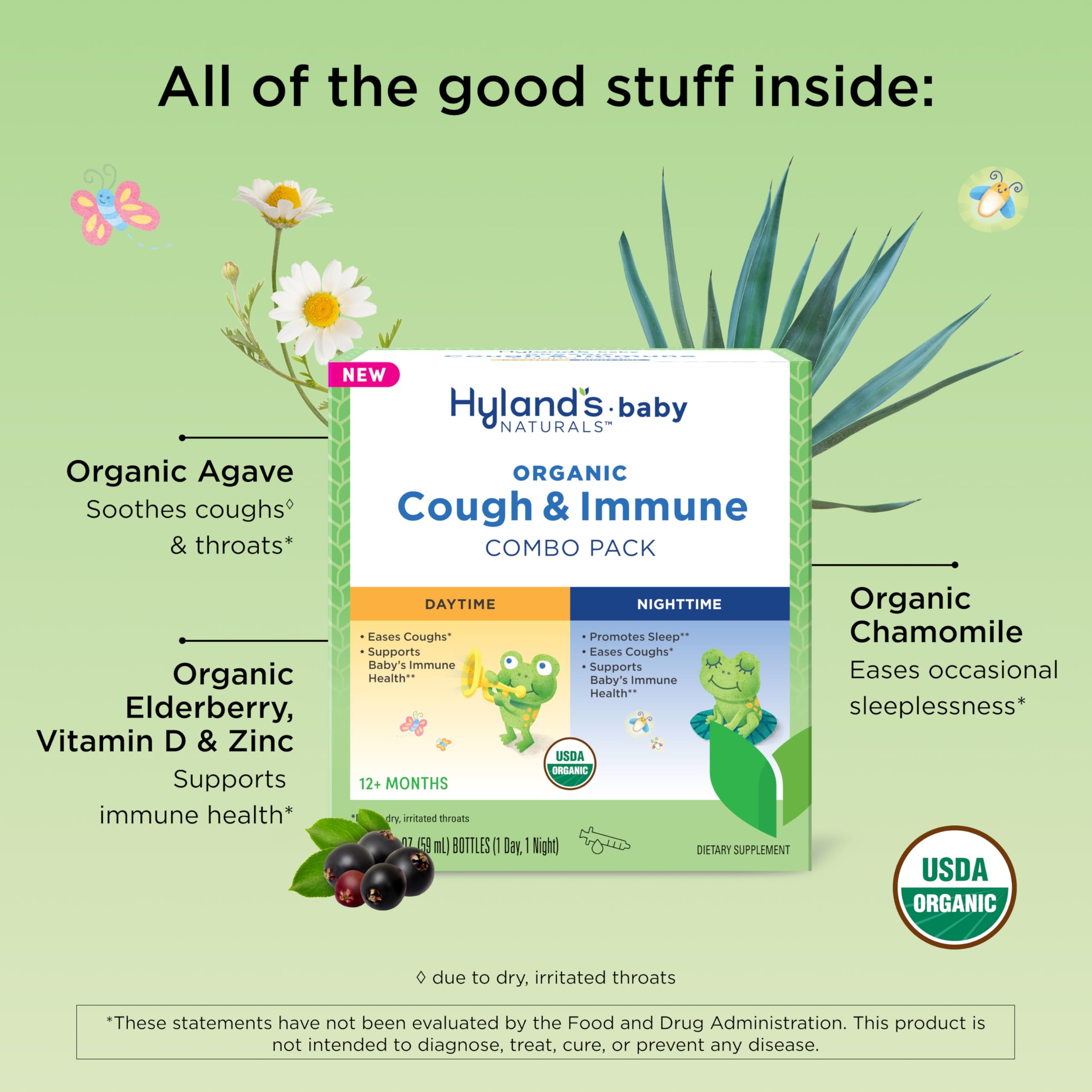 Hylands Baby Organic Cough Syrup and Immune Support Day and Night Combo Pack, Eases Coughs, Supports Immunity, Promotes Sleep,