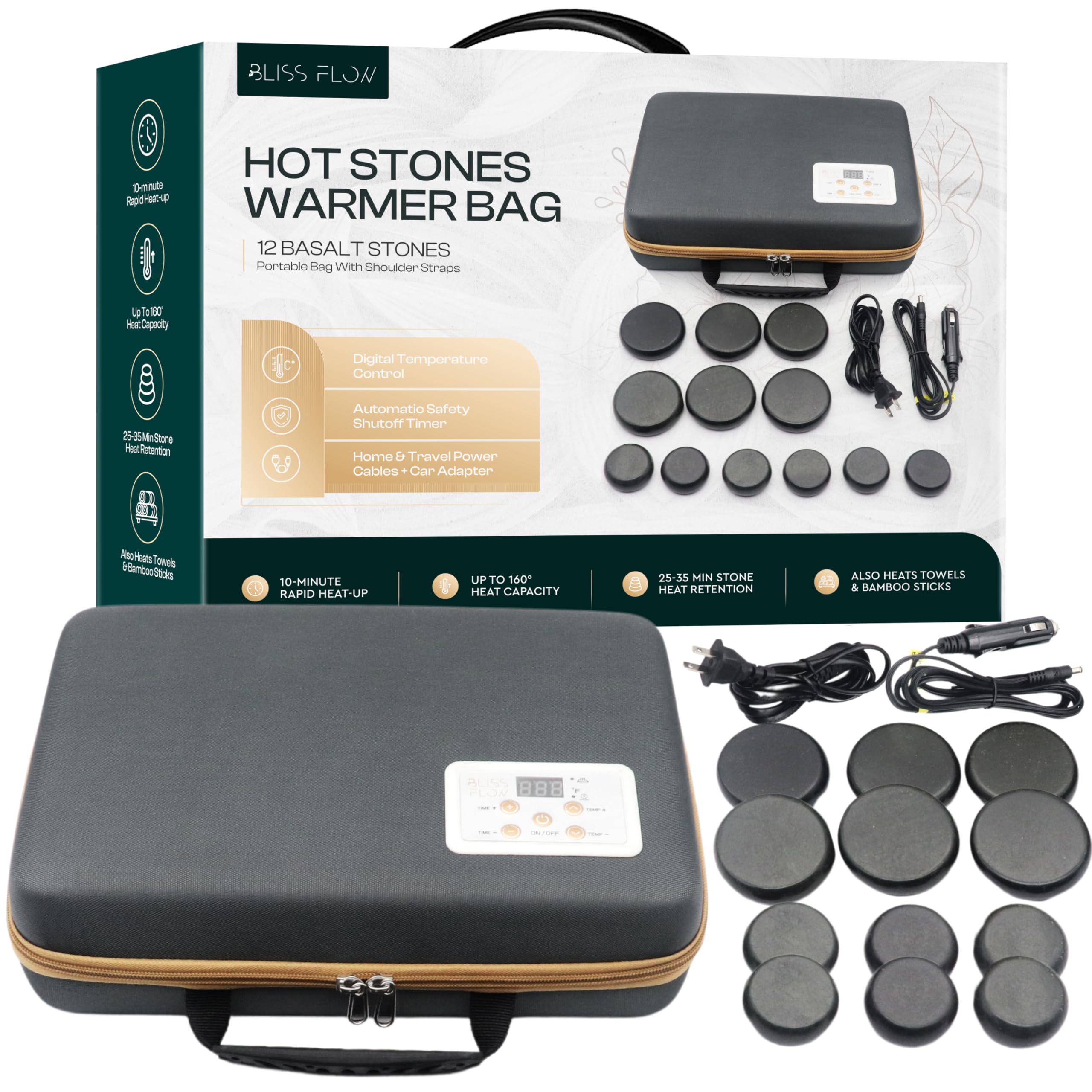 BlissFlow Hot Stones Massage Set with Portable Warmer, 12 Basalt Massage Stones, Hot Rocks Massage Stones, Hot Stone Warmer with
