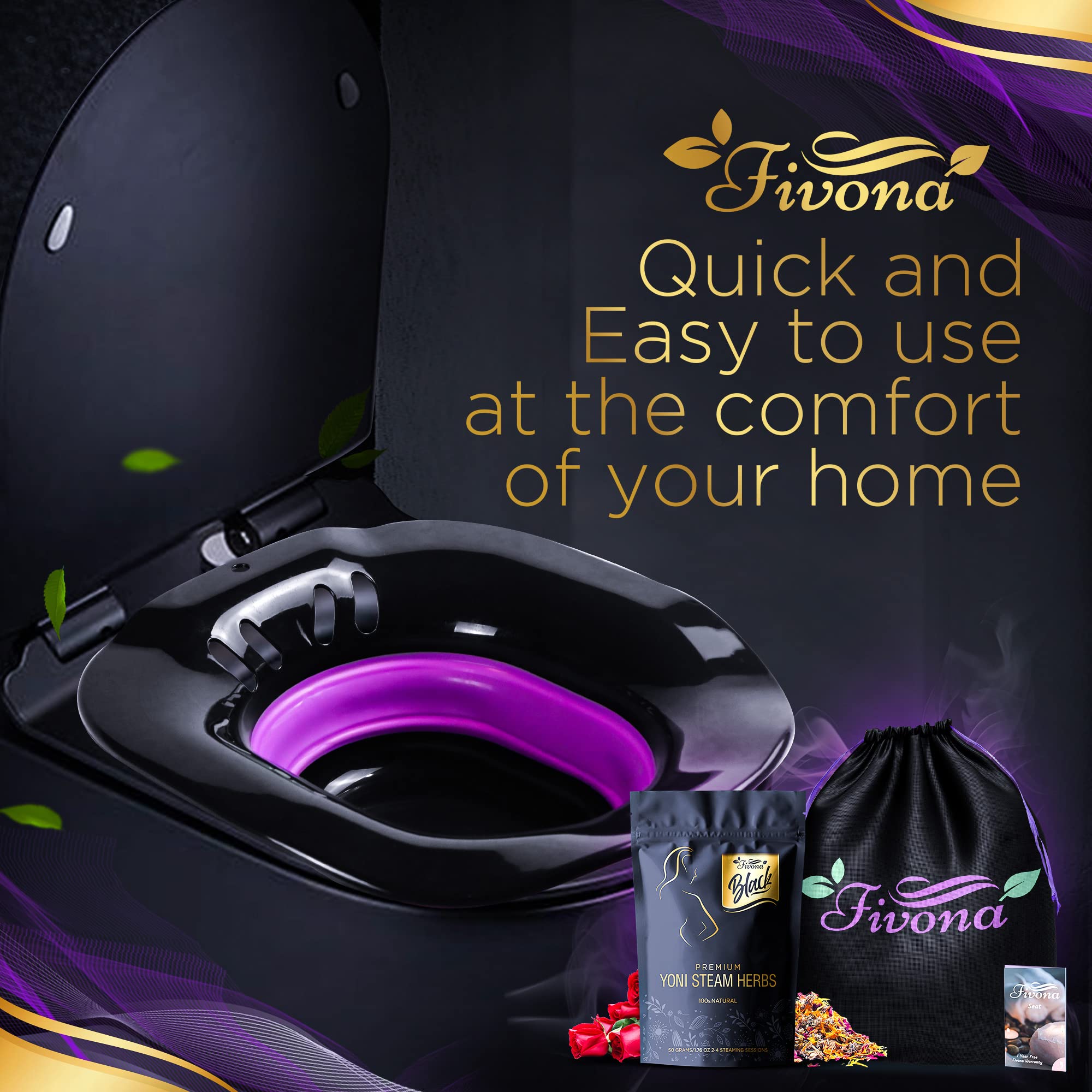 Fivona 3-in-1 Yoni Steam Kit Black - Foldable Over The Toilet Steamer Seat with Herbal Blend and Storage Bag - Effective Detox p