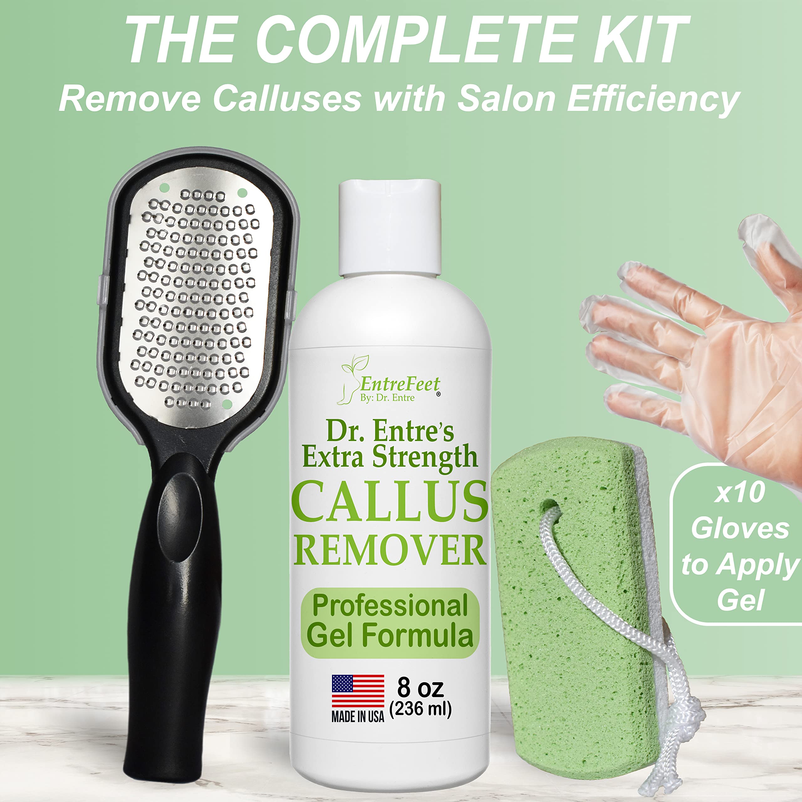 Dr. Entre's Callus Remover Gel Kit for Feet: Foot File, Pumice Stone, 5 Glove Pairs for Gel Application, Spa Kit, Foot Care, Ped