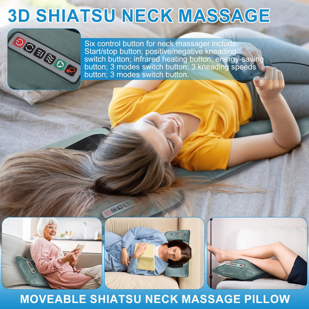 TeqHome Full Body Massage Mat with Heat & Movable Shiatsu Neck Back Massager Pillow, Upgraded Massage Pad with Lumbar Support, 1