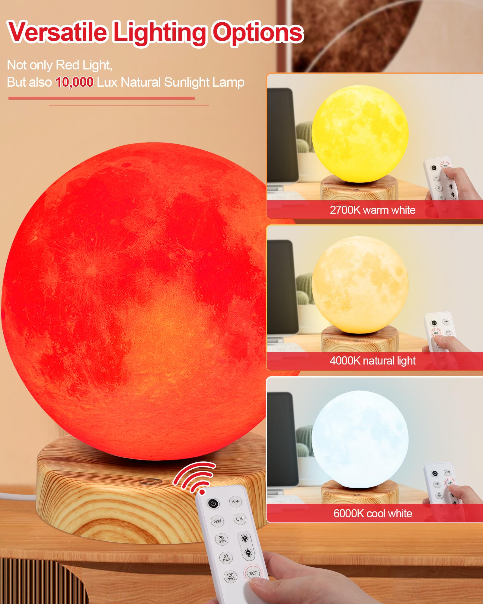 Red Light Therapy Night Light Lamp for Sleep 670nm Red Moon Nightlight Desk Lamp with Multi-Color and Brightness Options Remote