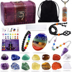 22Pcs Healing Crystals Set, Chakra Quartz Kits in Wooden Box (7 Raw and 7 Tumbled Chakra Stones, Lava Bracelet, Chakra Necklace 