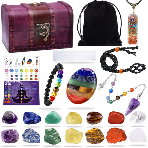 22Pcs Healing Crystals Set, Chakra Quartz Kits in Wooden Box (7 Raw and 7 Tumbled Chakra Stones, Lava Bracelet, Chakra Necklace 