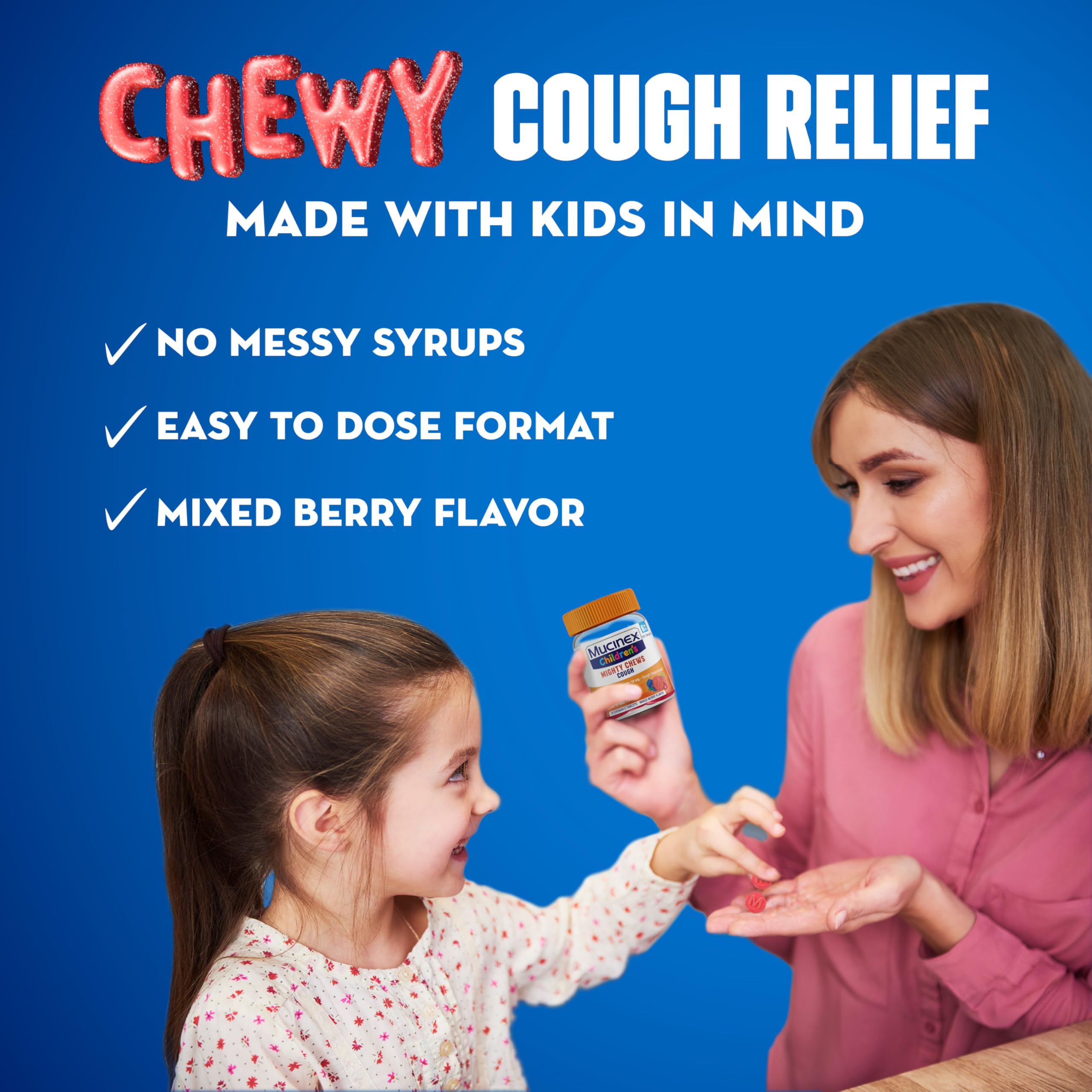Mucinex Childrens Mighty Chews Kids Cough Medicine, Easy to Dose Cough Suppressant for Kids with Dextromethorphan, Kids Travel