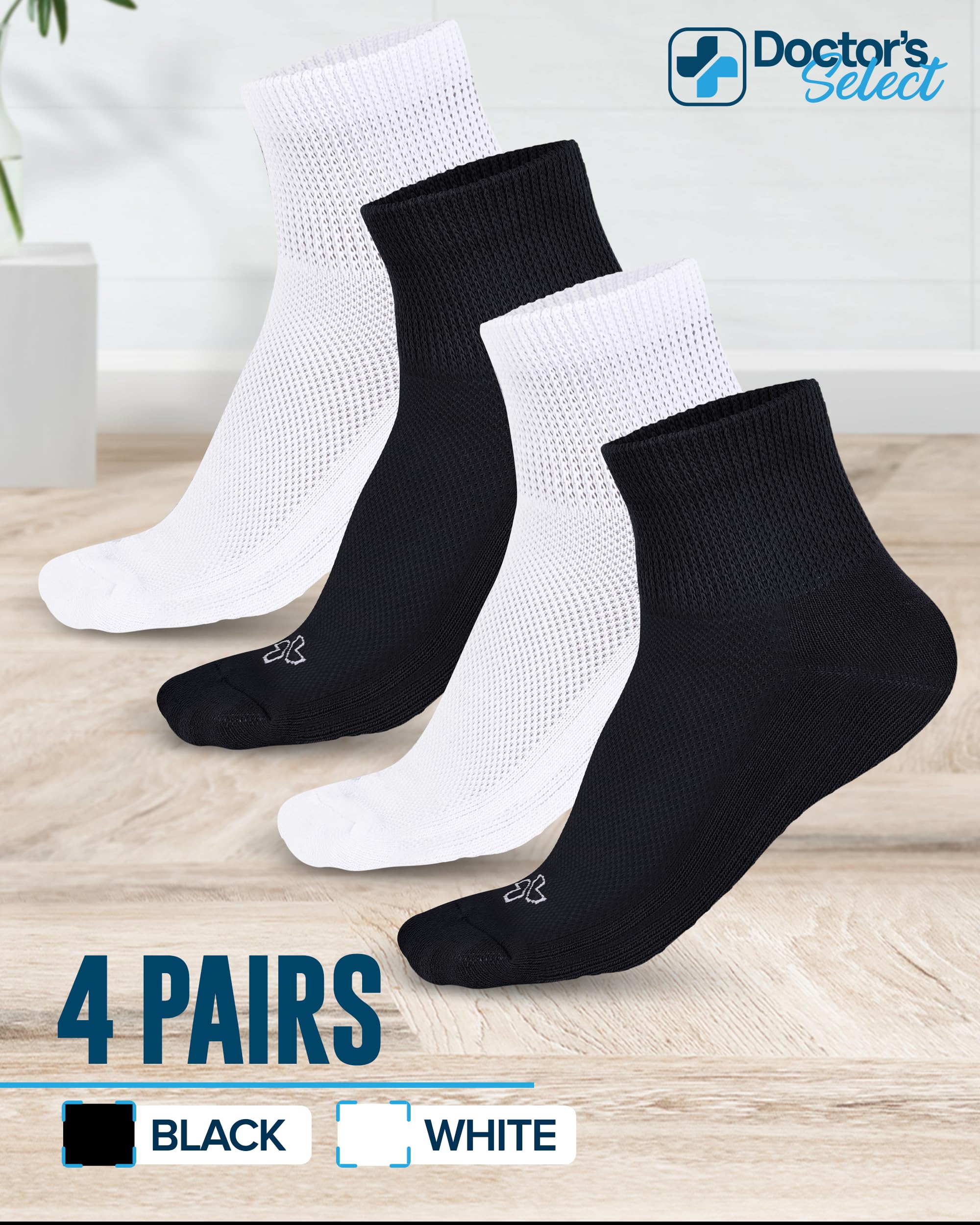 Doctor's Select Ankle Diabetic Socks for Women and Men - 4 Pairs | Black, White | Moisture Wicking | Size 6-9 | 9-12