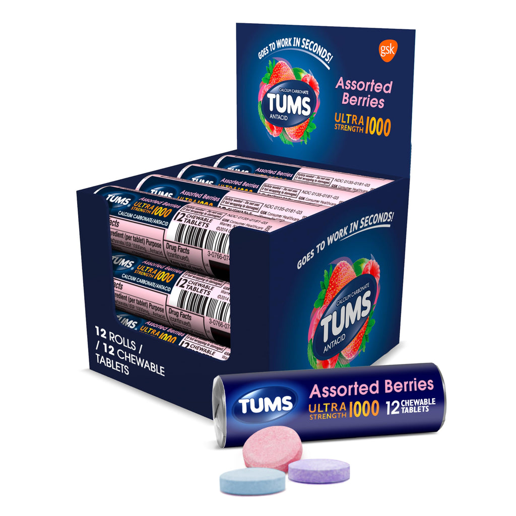 TUMS Ultra Strength Antacid Tablets for Chewable Heartburn Relief and Acid Indigestion Relief, Assorted Berries - 12 Pack of 12 