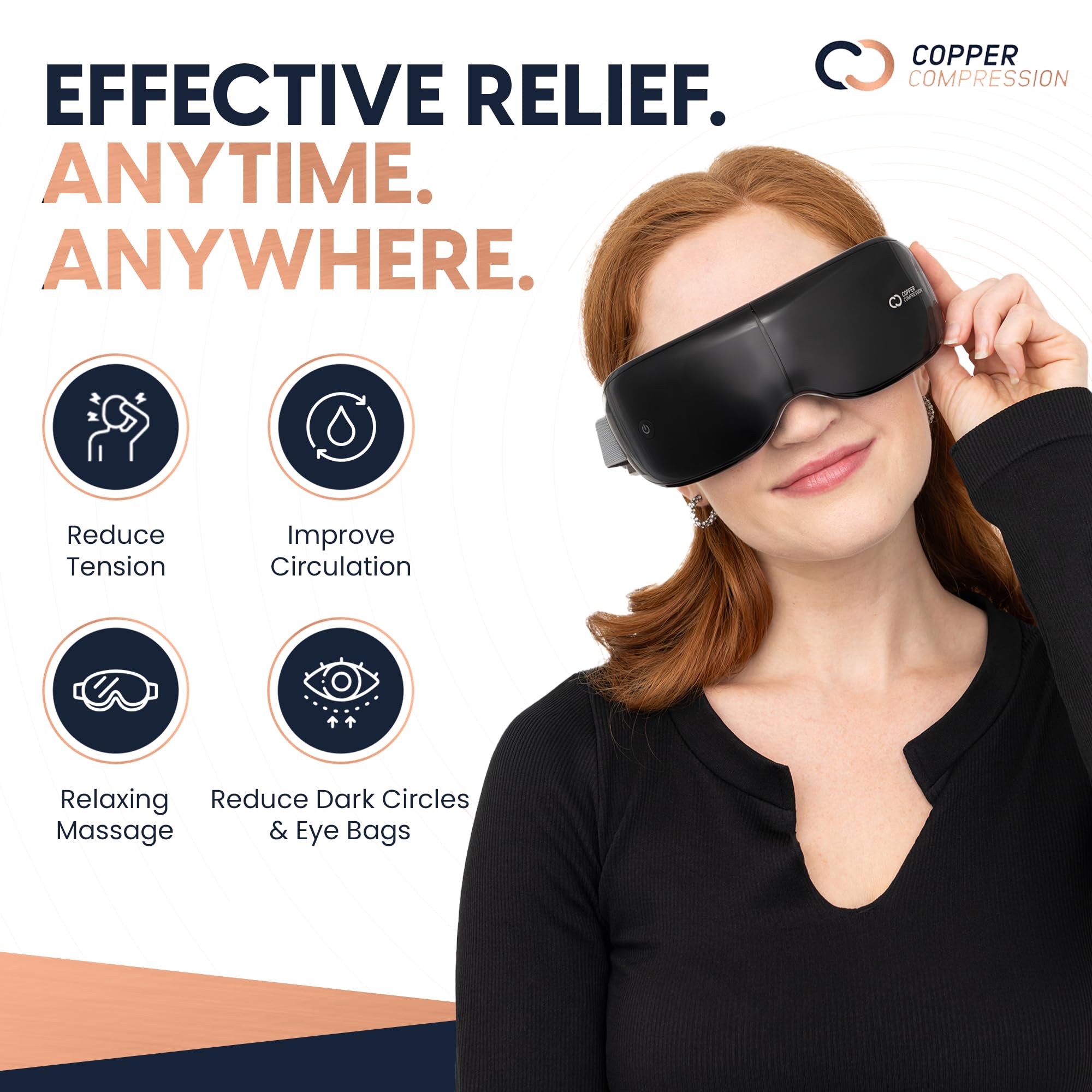 Copper Compression CopperVibe Eye Massager - Heat, Bluetooth, Transparent Visor, Timer & Adjustable Strap. Relieves Strain, Migr