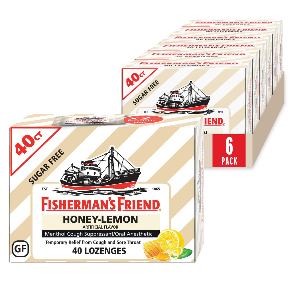 Fishermans Friend Cough Drops, Cough Suppressant and Sore Throat Lozenges, Sugar Free Honey-Lemon, 5.52mg Menthol, 240 Drops (6