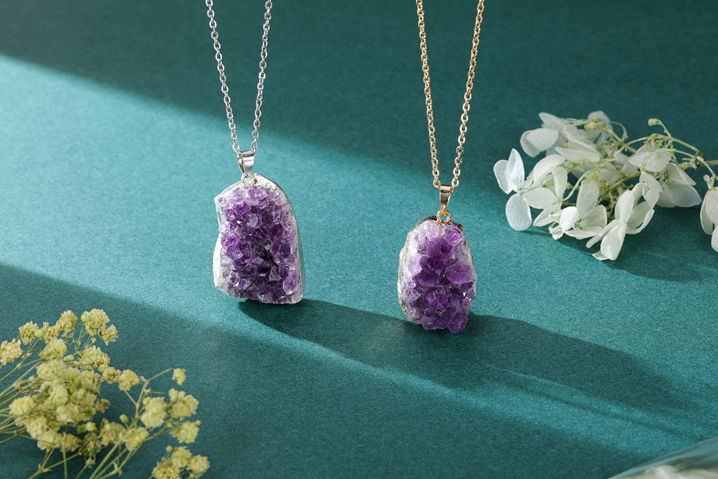 Jovivi Natural Amethyst Cluster Crystal Necklace for Women Men,Irregular Raw Rough Amethyst Quartz Stone Pendant Necklace Jewelr