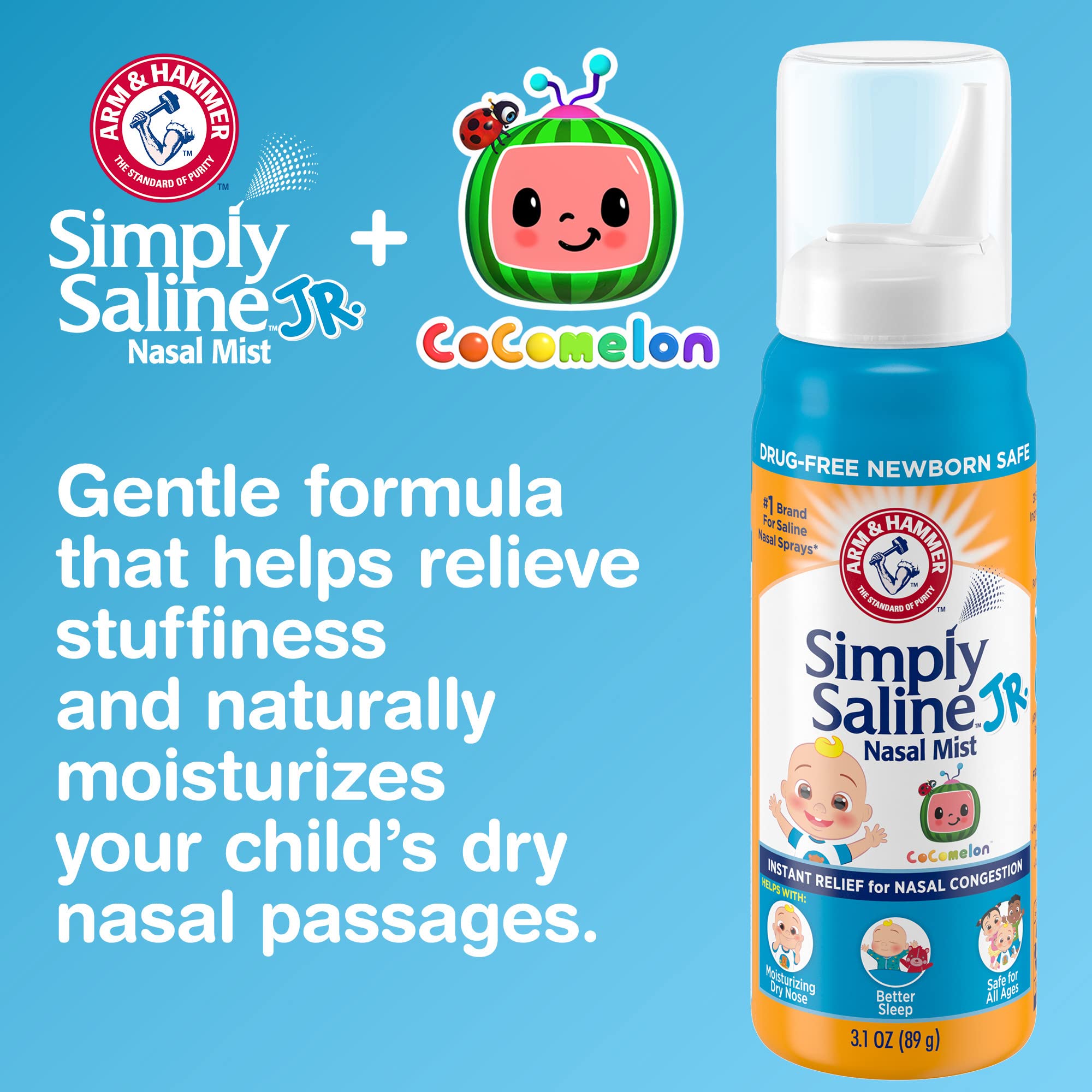 Arm & Hammer Simply Saline Jr. Nasal Mist 1.6oz, CoComelon, Drug-Free Newborn Safe, 1-Count