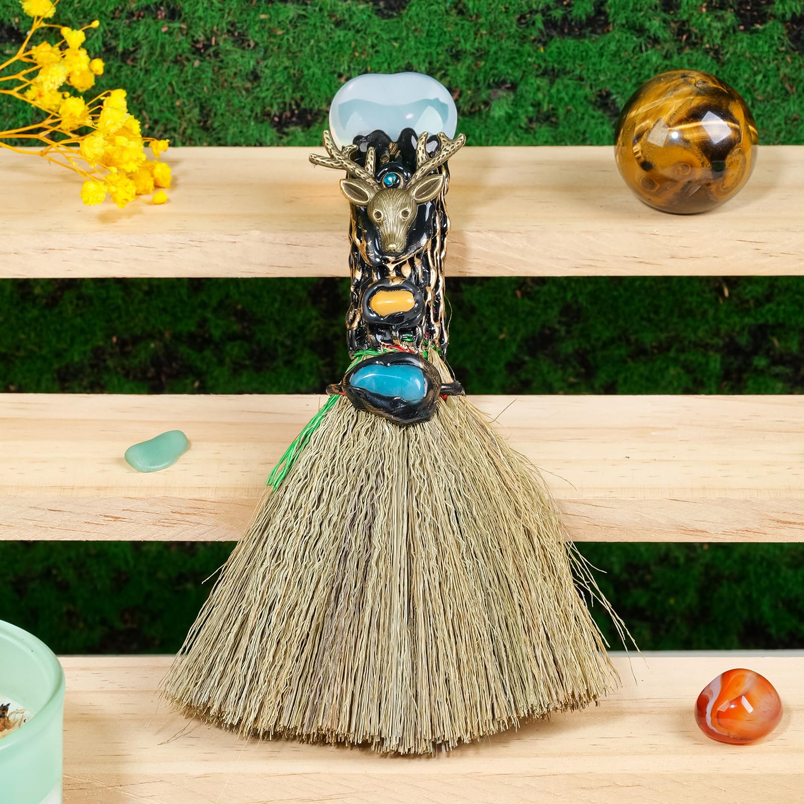 RJINGSHI Opal Magic Broom Love Crystal Witch Broom Reiki Healing Crystal Handmade for Cleansing Bedroom Office Home Decor Gifts