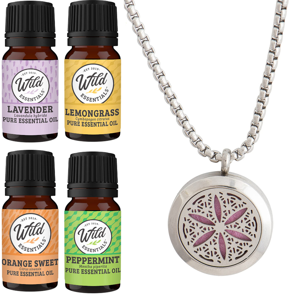 Wild Essentials Flower of Life Necklace Essential Oil Diffuser Kit, Lavender, Lemongrass, Peppermint, Orange Oils, 12 Refill Pad