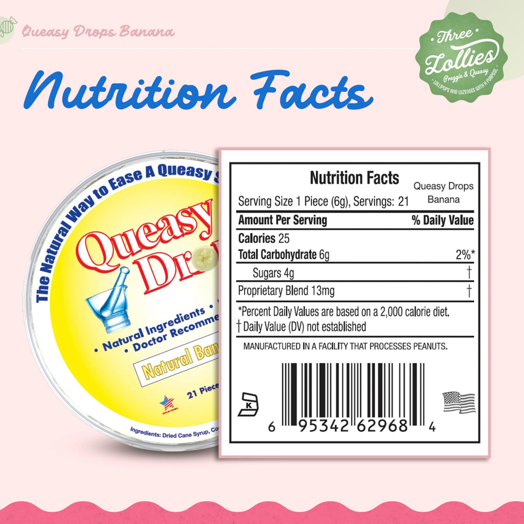 Three Lollies Queasy Drops - Banana Flavor - Relief from Nausea & Travel Sickness, Soothes a Dry Mouth & Settles Stomach - Natur