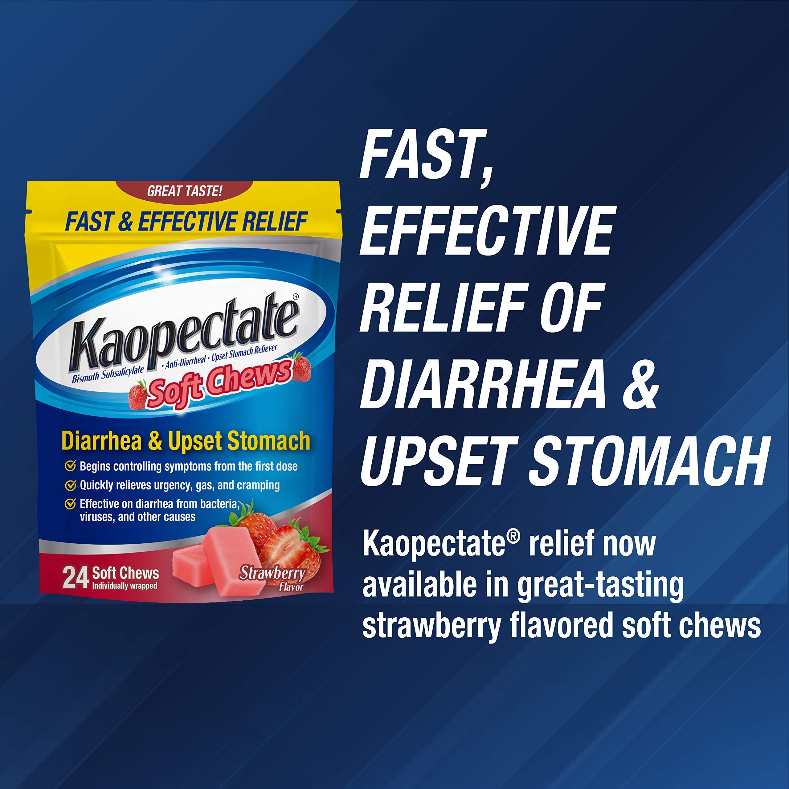 Kaopectate Strawberry Soft Chews 24 Count - Diarrhea Medication for Adults with Bismuth Subsalicylate, Anti-Diarrhea Medicine fo