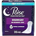 Poise Incontinence Pads & Postpartum Incontinence Pads, 8 Drop Overnight Absorbency, Extra-Coverage Length, 36 Count, Packaging