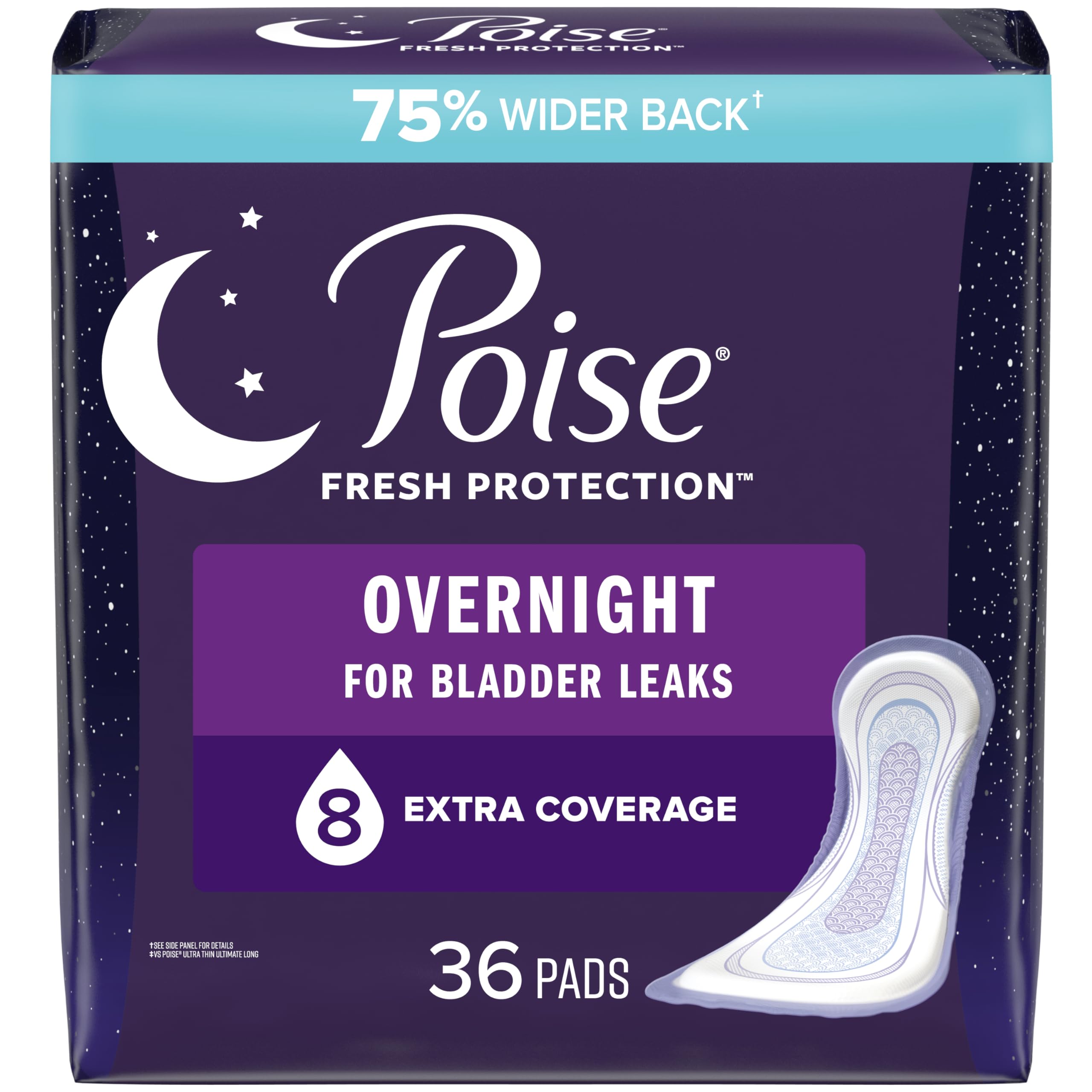 Poise Incontinence Pads & Postpartum Incontinence Pads, 8 Drop Overnight Absorbency, Extra-Coverage Length, 36 Count, Packaging 