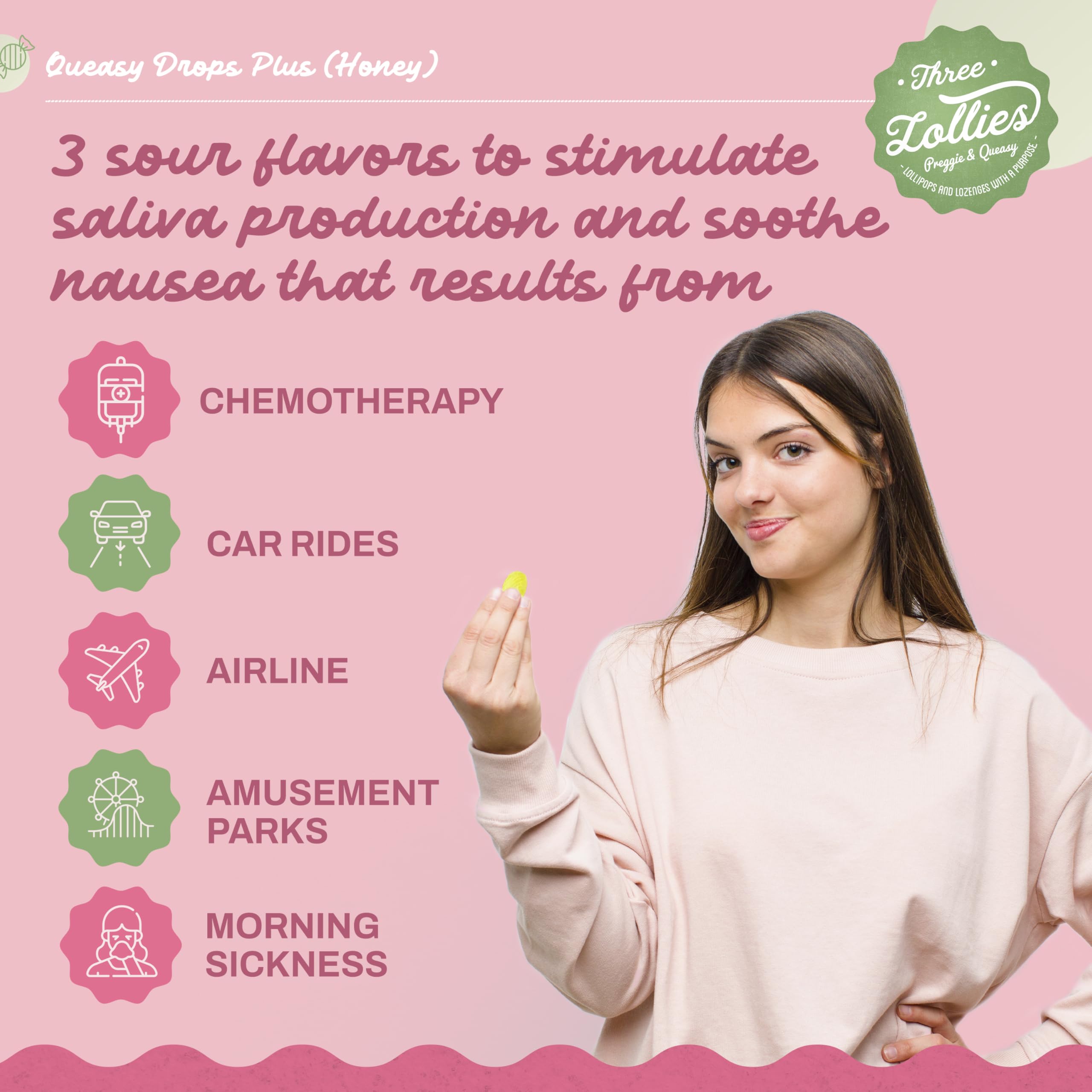 Three Lollies Queasy Drops Plus - Lozenges with Pectin & Honey to Soothe a Dry Mouth - Alleviate Nausea & Motion Sickness - Natu