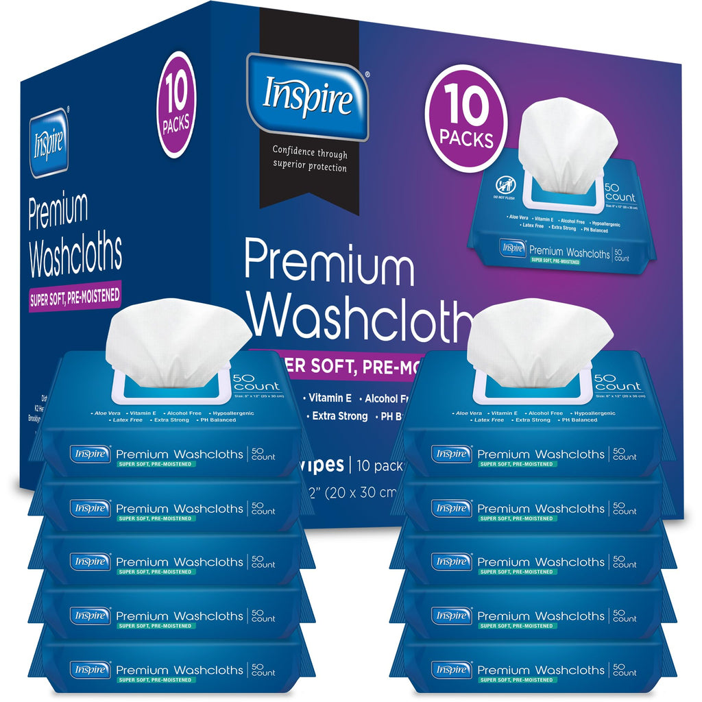 Inspire Adult Wet Wipes, Adult Wash Cloths, Adult Wipes for Incontinence & Cleansing for Elderly, 8x12 (500CT (10 PACKS OF 50))