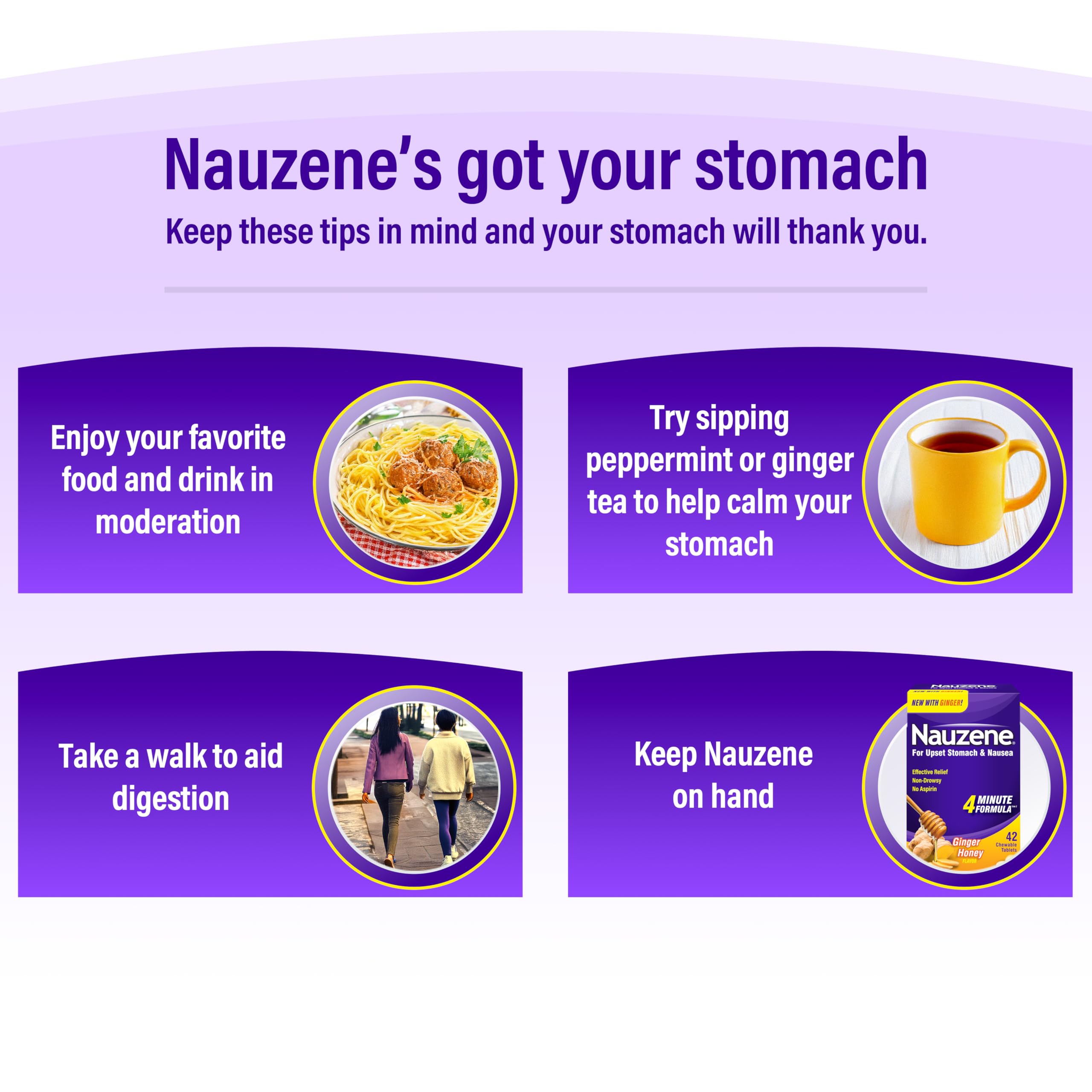 Nauzene Upset Stomach & Nausea Relief with Ginger | 4-Minute Formula | Non-Drowsy | Ginger Honey Flavor | 42 Count