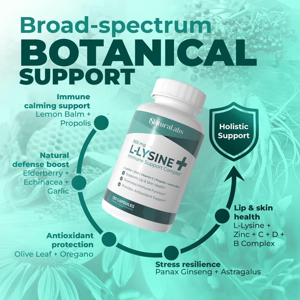 NATURALABS L-Lysine + Cold Sore Immune Support Supplement - with Vitamin C, Zinc, Bee Propolis, Lemon Balm & 9-in-1 Herbal Compl