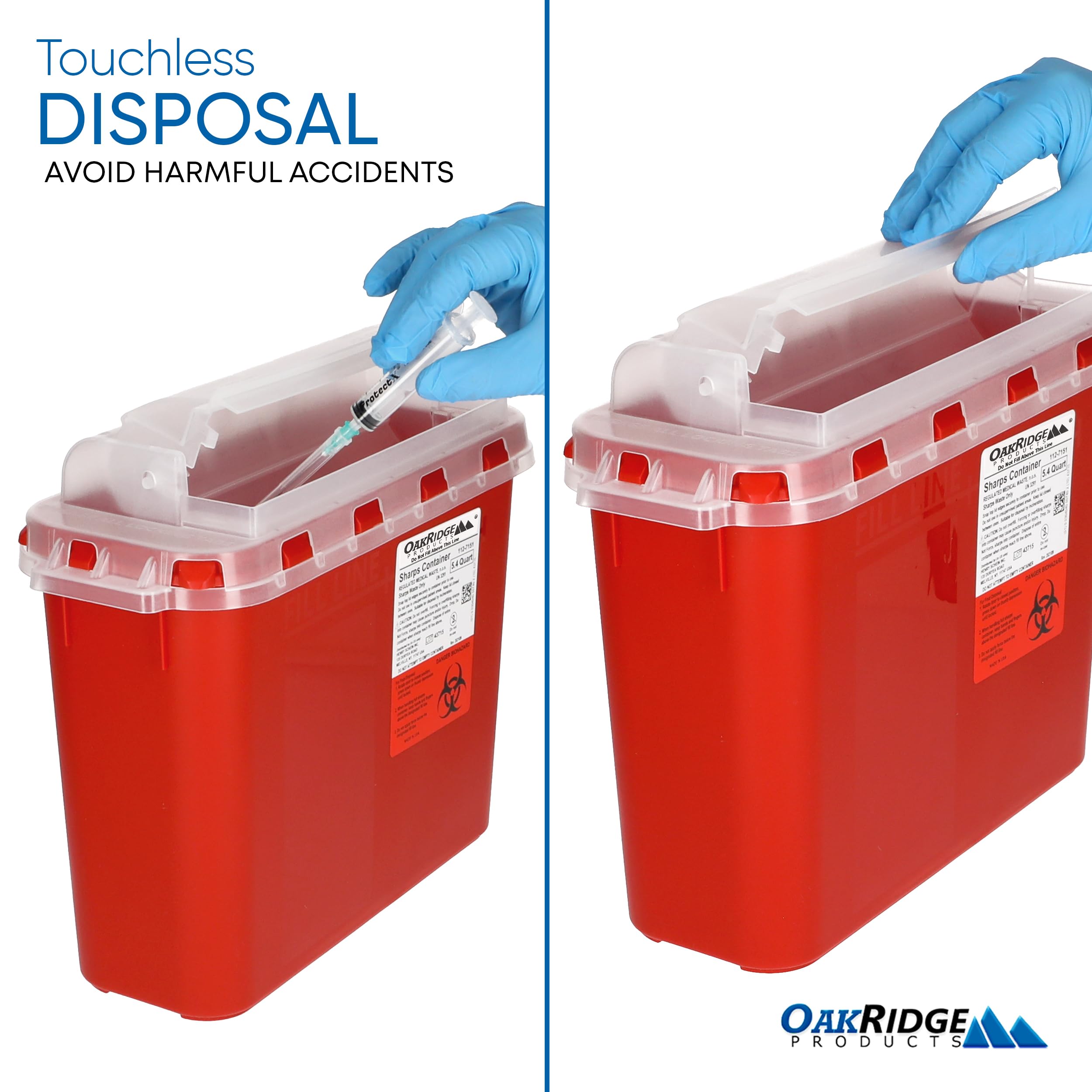 Oakridge Products Transparent Sharps Container for Home Use and Professional 5.4 Quart (1-Pack), Touchless Biohazard Needle and