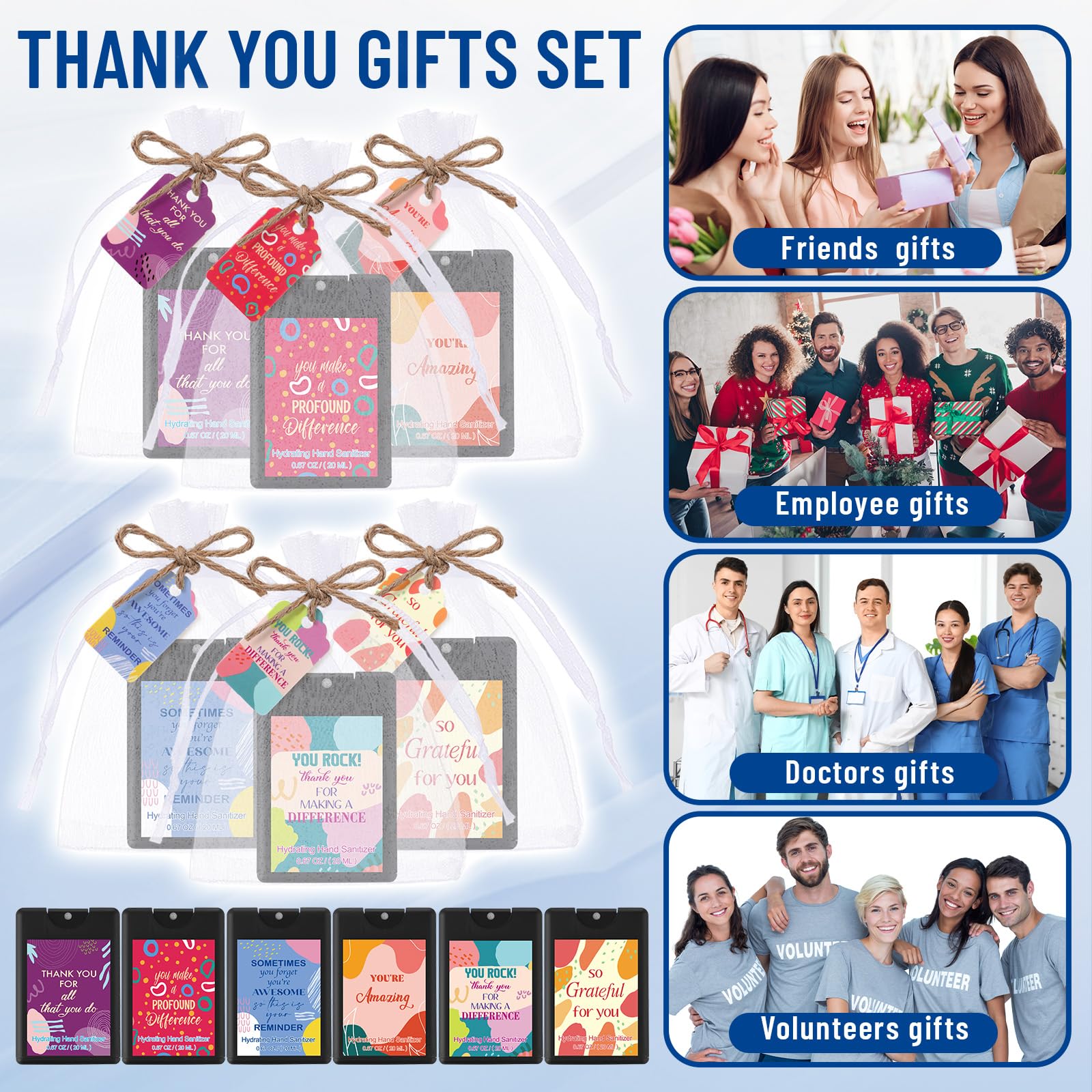 Frienda 24 Set Mini Hand Sanitizer Spray Bulk Christmas Thank You Hand Sanitizer Travel Size with Appreciation Cards Gift Bags P