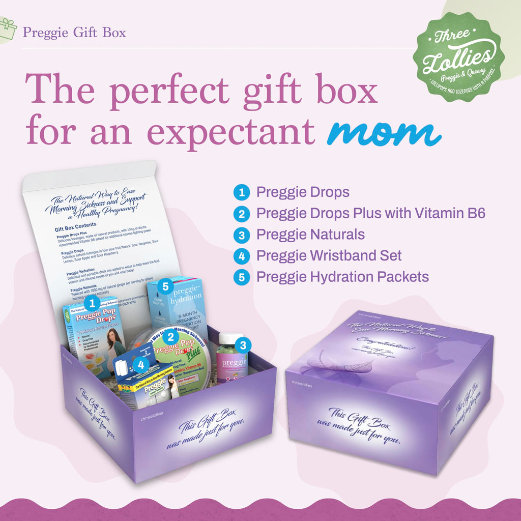 Three Lollies Preggie Gift Box - Natural, Pregnancy Nausea Relief Essentials with Anti-Sickness Lozenges, Hydration Packets, Gin