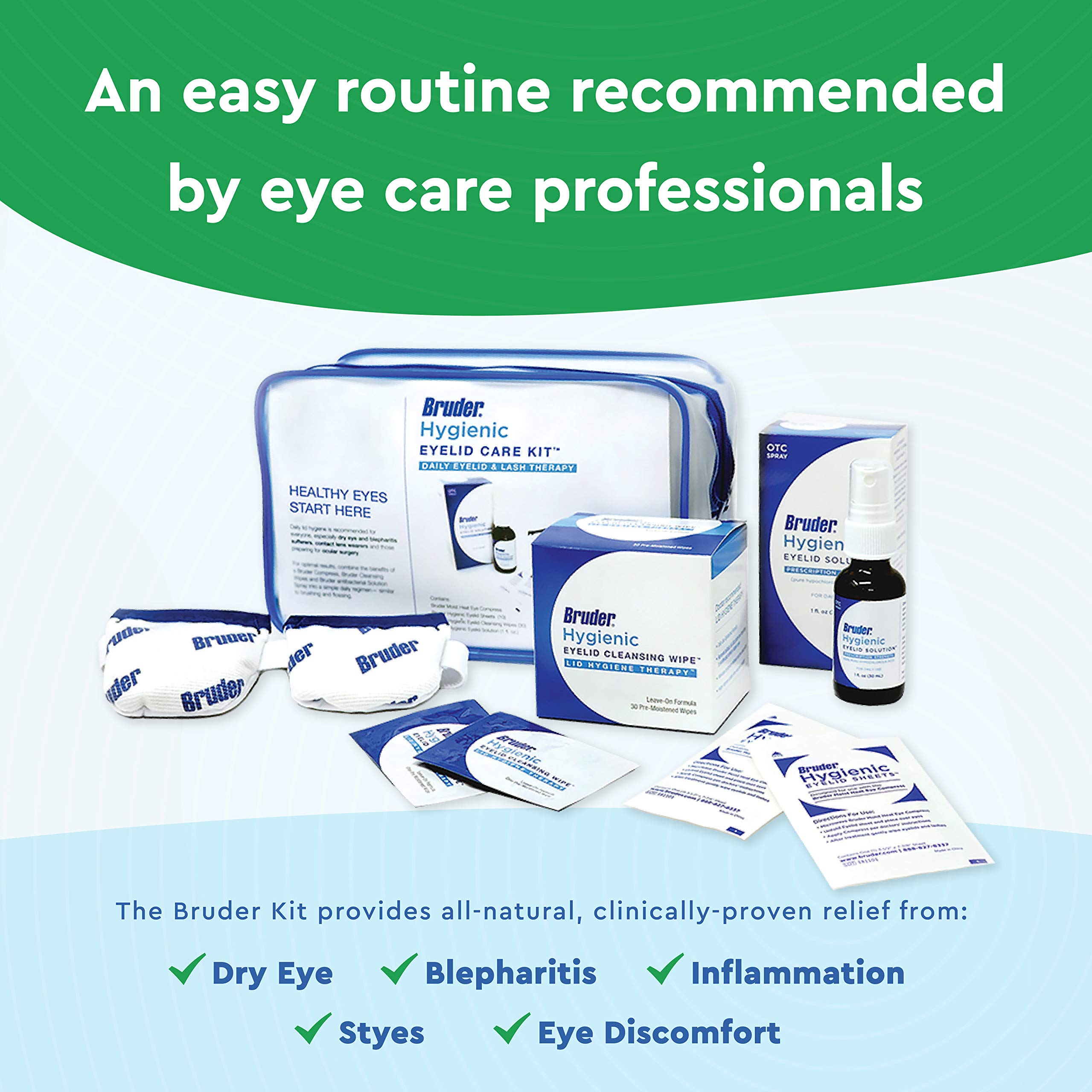 Bruder Hygienic Eyelid Care Kit - Moist Heat Eye Compress Mask, Eyelid Cleansing Wipes & Spray - Soothe Dry Eyes & Improve Healt