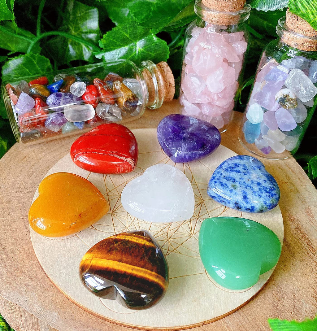 QINJIEJIE 7Pcs 7 Chakras 1.2'' Heart Crystal Large Stone Rose Quartz Healing Crystals Love Polished Thumb Natural Palm Assorted