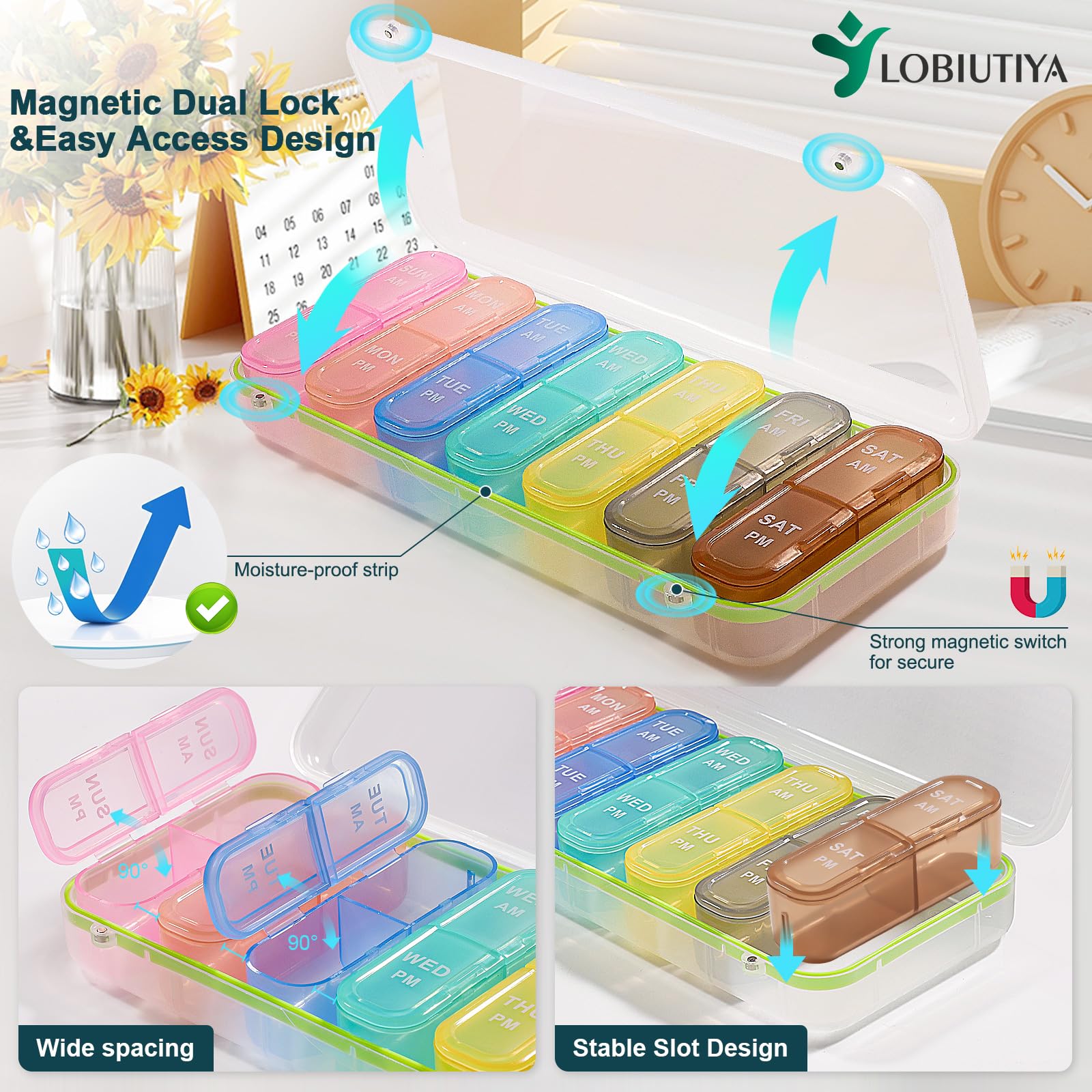 LOBIUTIYA Weekly Pill Organizer 2 Times a Day + 2 Detachable AM PM Travel Kits for Vitamin, Medicine, Supplement, Fish Oil - Whi