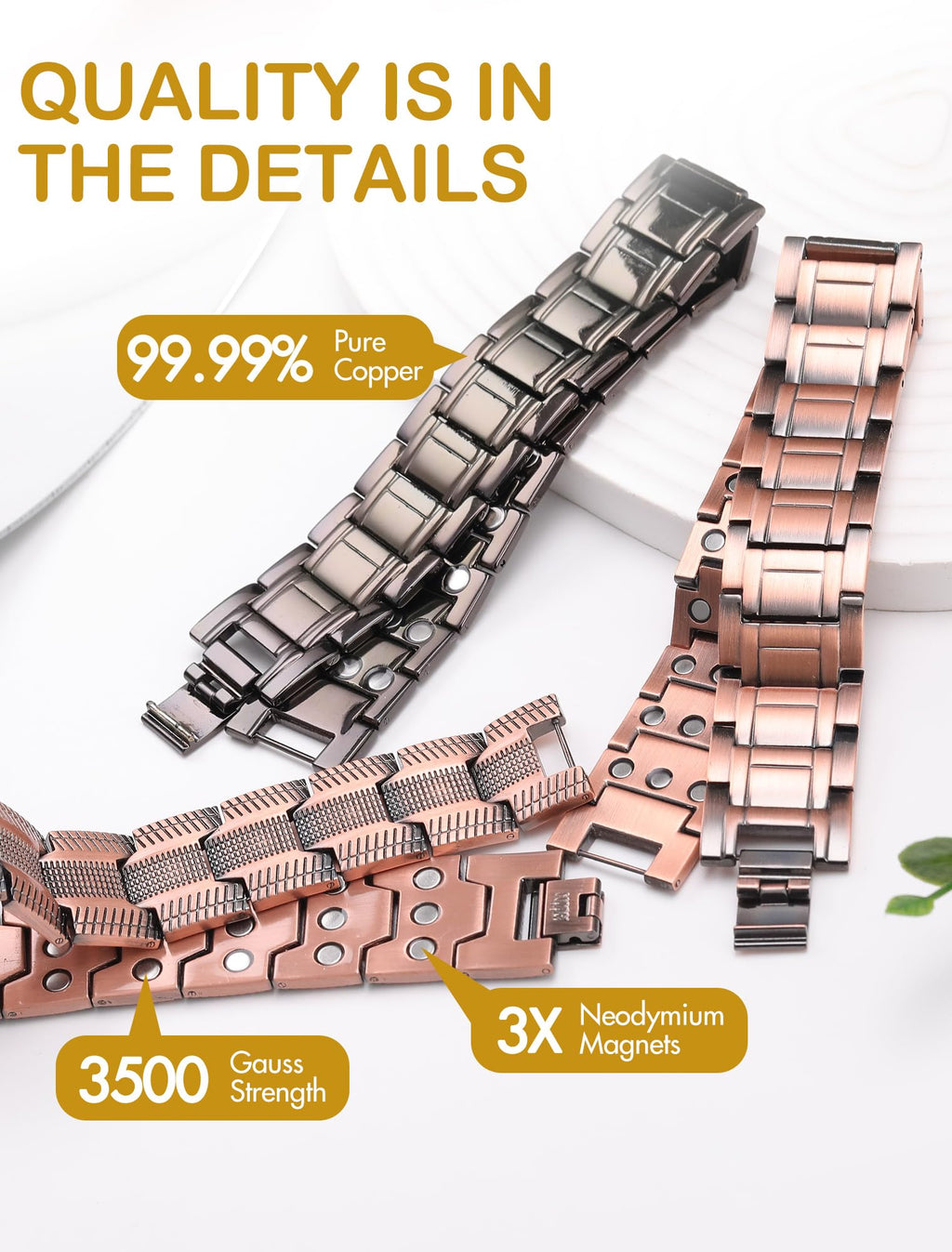 Feraco 3X Strength Copper Bracelets for Men Magnetic Bracelet with 3 Row Neodymium Magnets Adjustable Length, Pure Copper Jewelr