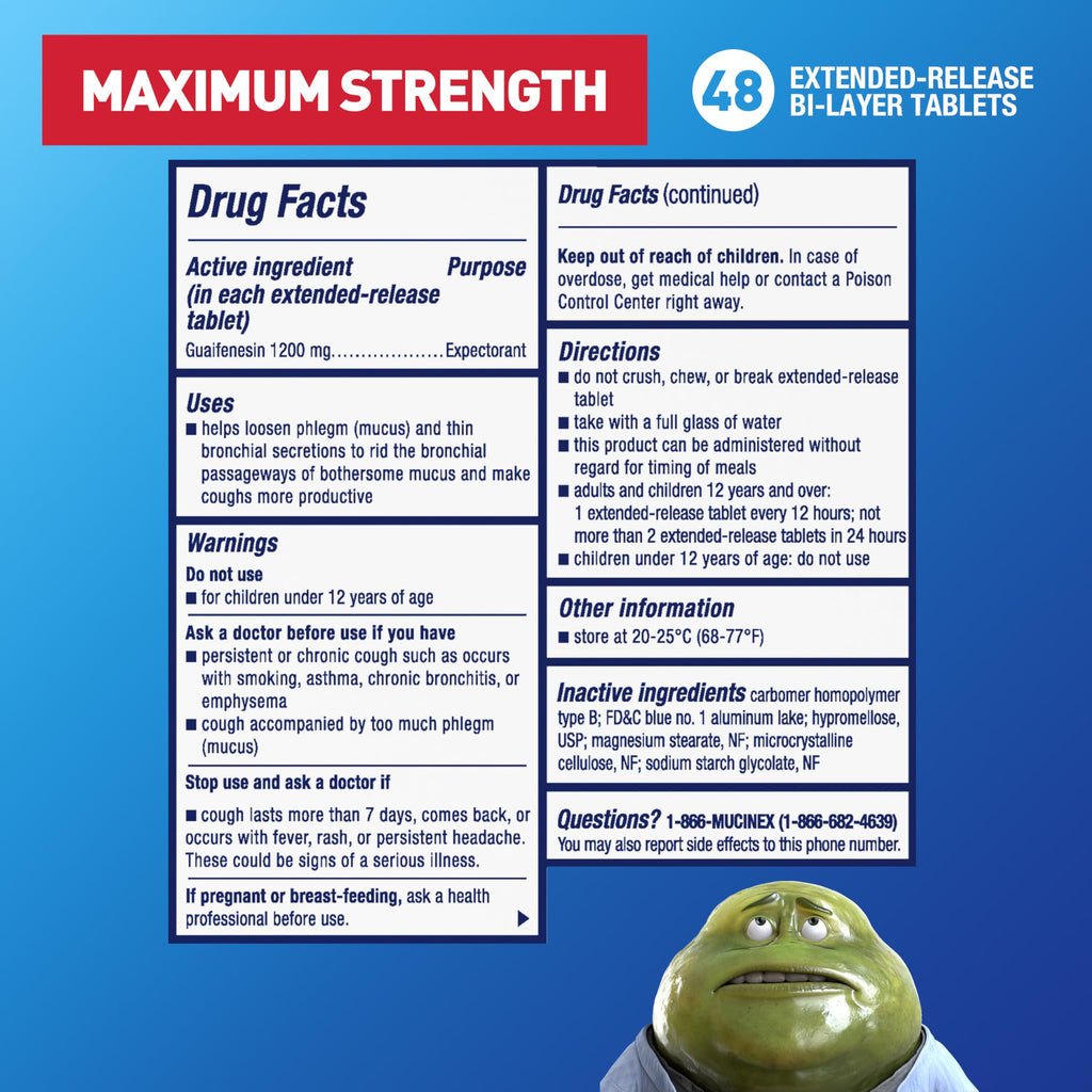 Mucinex 12 Hour Maximum Strength 1200 mg Guaifenesin Extended-Release Tablets for Excess Mucus Relief, Expectorant Aids Excess M