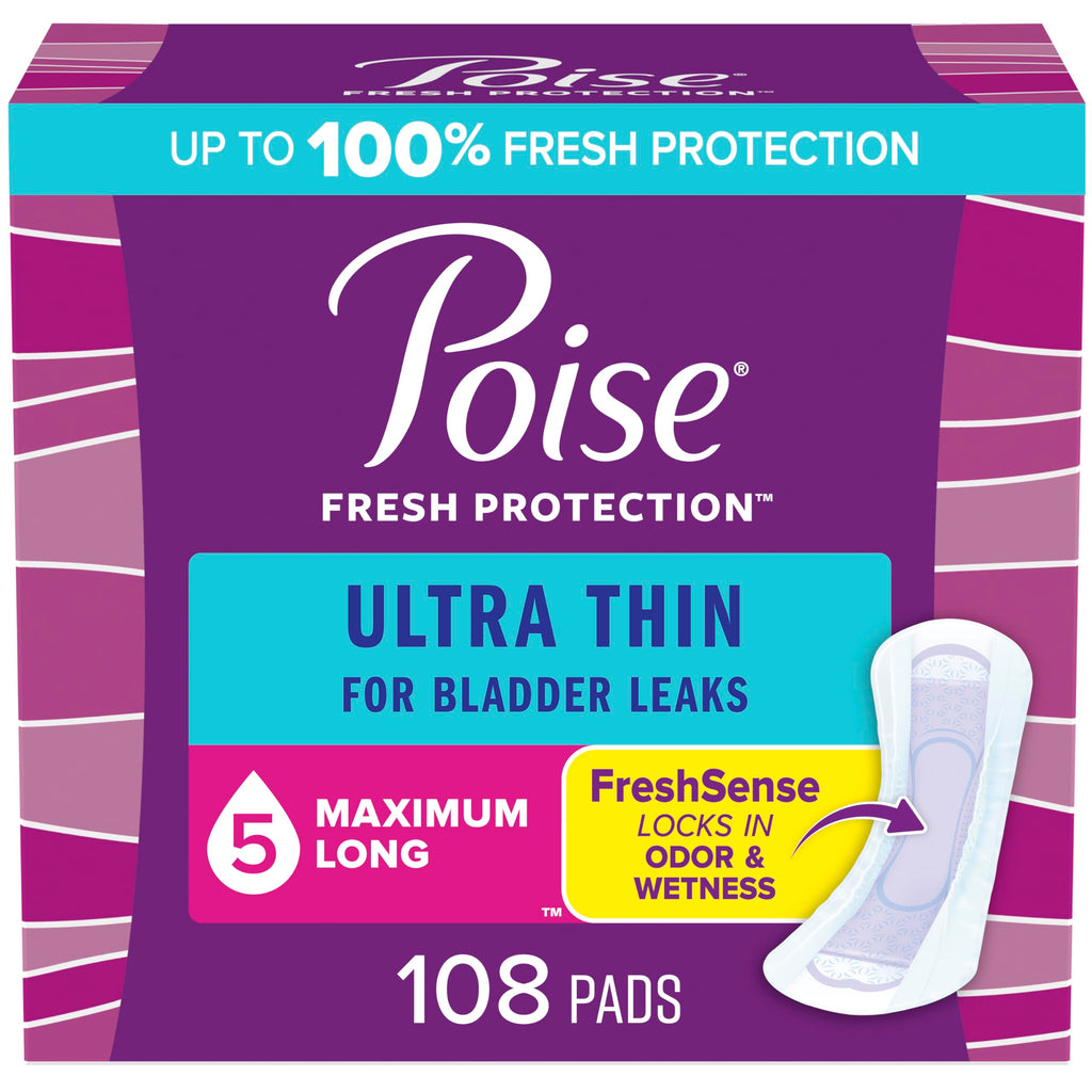 Poise Ultra Thin Incontinence Pads & Postpartum Incontinence Pads, 5 Drop Maximum Absorbency, Long Length, 108 Count (3 Packs of