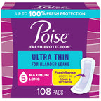 Poise Ultra Thin Incontinence Pads & Postpartum Incontinence Pads, 5 Drop Maximum Absorbency, Long Length, 108 Count (3 Packs of