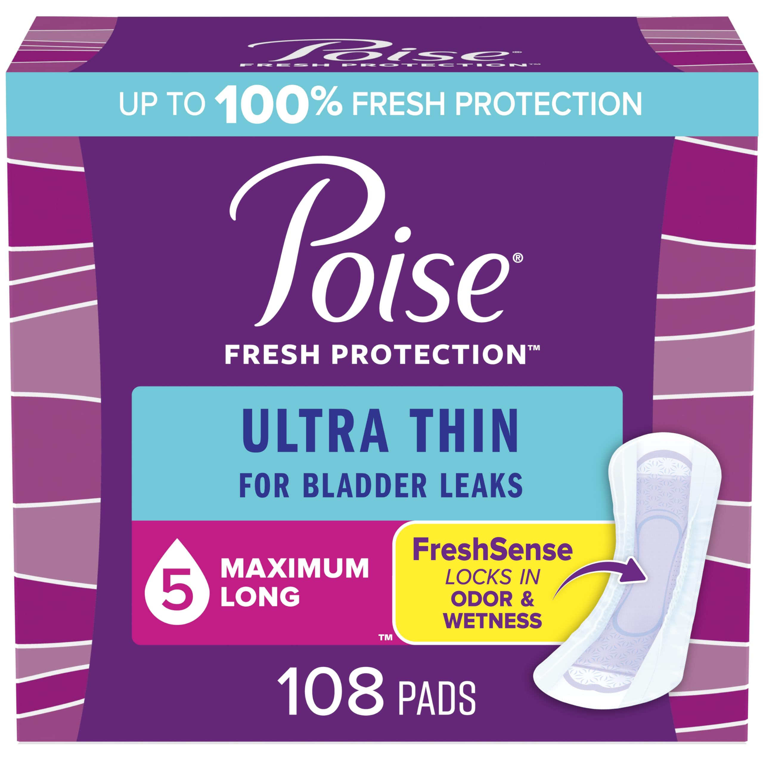 Poise Ultra Thin Incontinence Pads & Postpartum Incontinence Pads, 5 Drop Maximum Absorbency, Long Length, 108 Count (3 Packs of