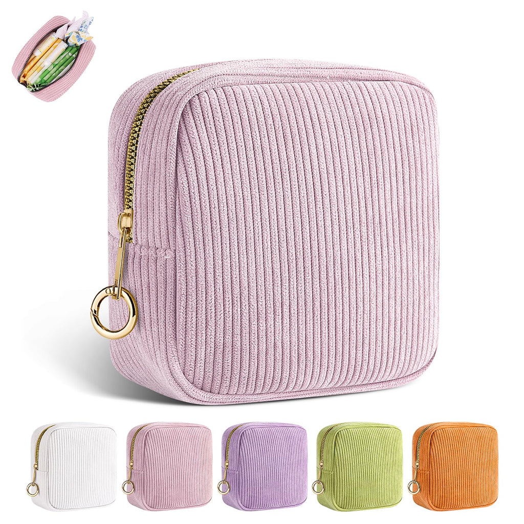 Playexen Period Bag for Teen Girls, Corduroy Sanitary Napkin Storage Bag, Menstrual Pad Pouches Tampon Holder for Purse (Pink)