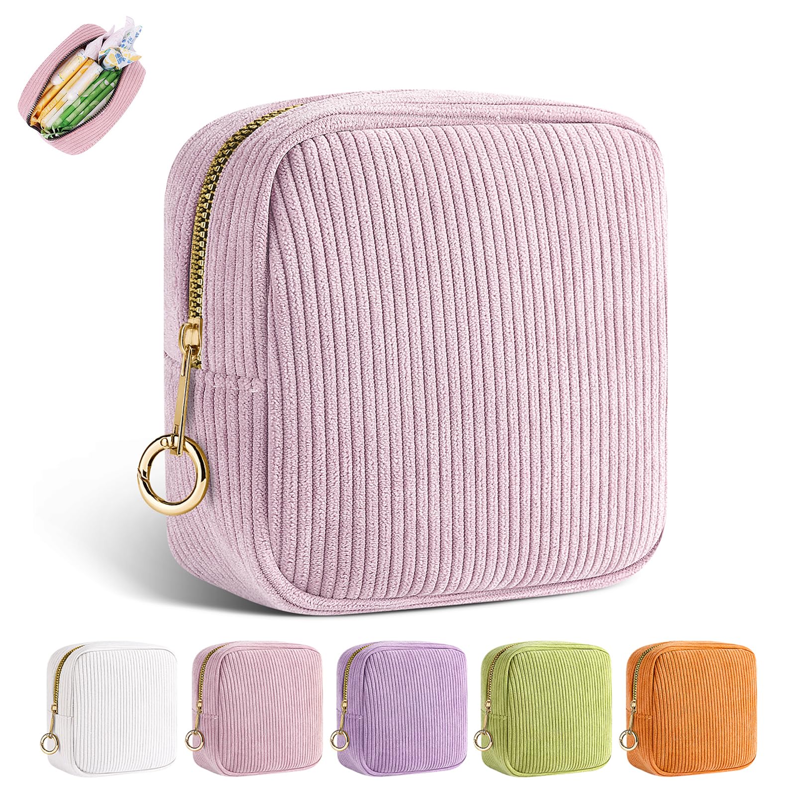 Playexen Period Bag for Teen Girls, Corduroy Sanitary Napkin Storage Bag, Menstrual Pad Pouches Tampon Holder for Purse (Pink)