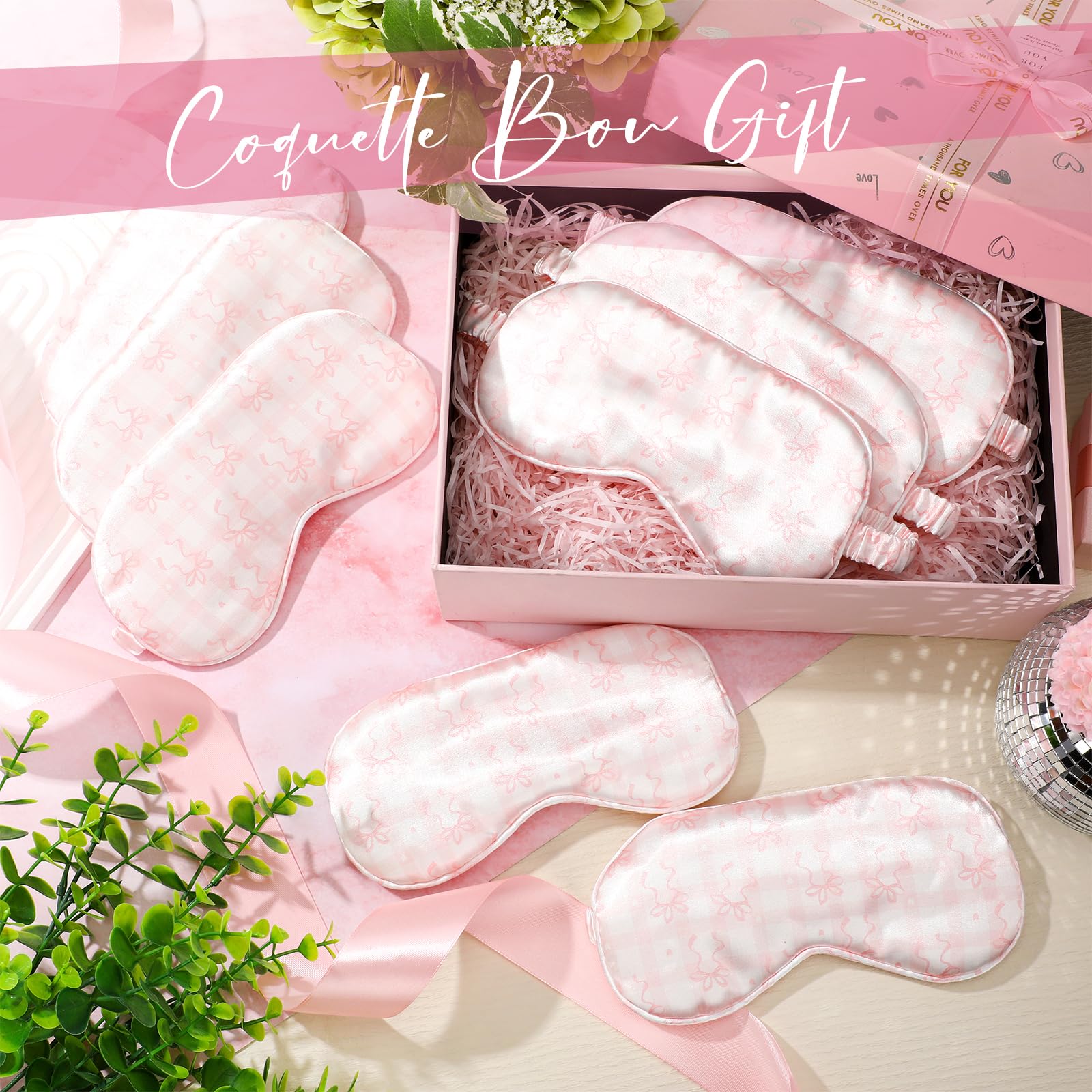 Honeydak 12 Pcs Silk Sleep Masks for Women Girls Pink Bow Party Favors Adjustable Eye Masks for Birthday Sleepover Spa Sweet 16