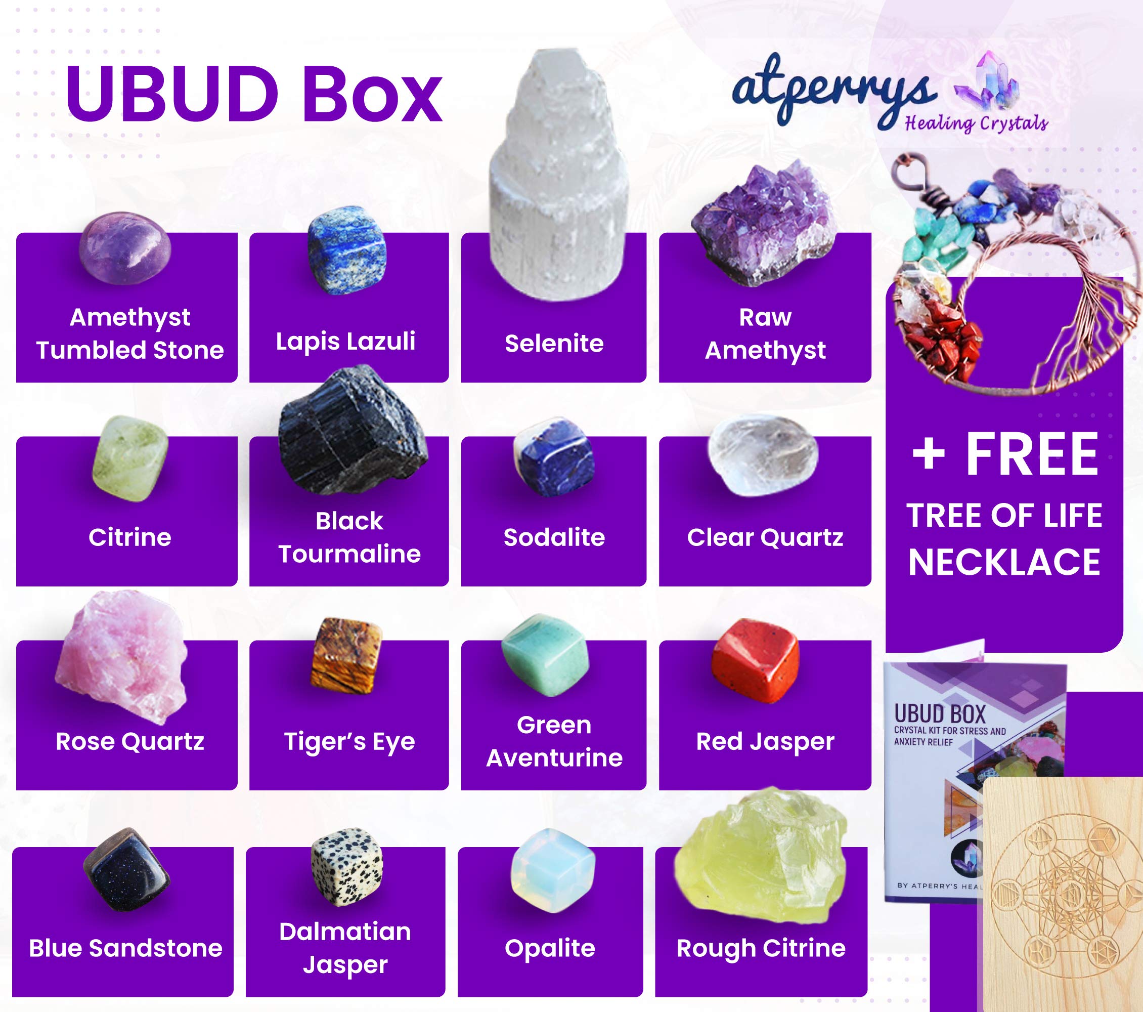 AtPerry's 16 LARGE Natural Healing Crystals Set in Wooden Box - Tumbled, Rough & Raw Crystals, Including Selenite Tower, Black T